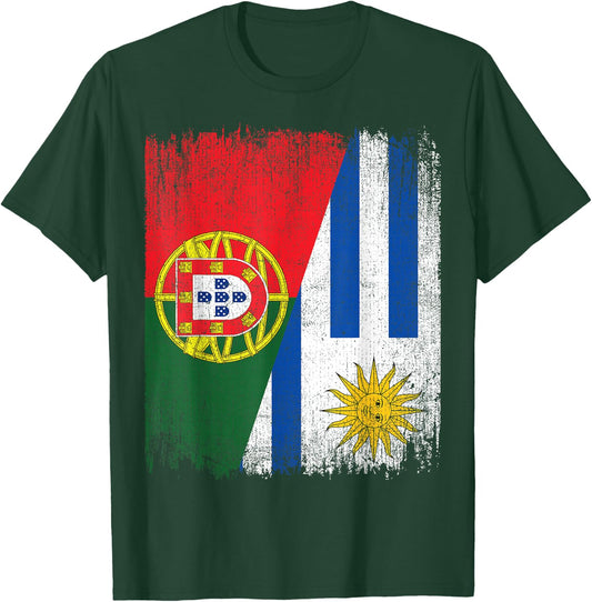 Half Portugal Uruguay Split Flag Portuguese Pride Roots T-Shirt - T-Shirt | Forest