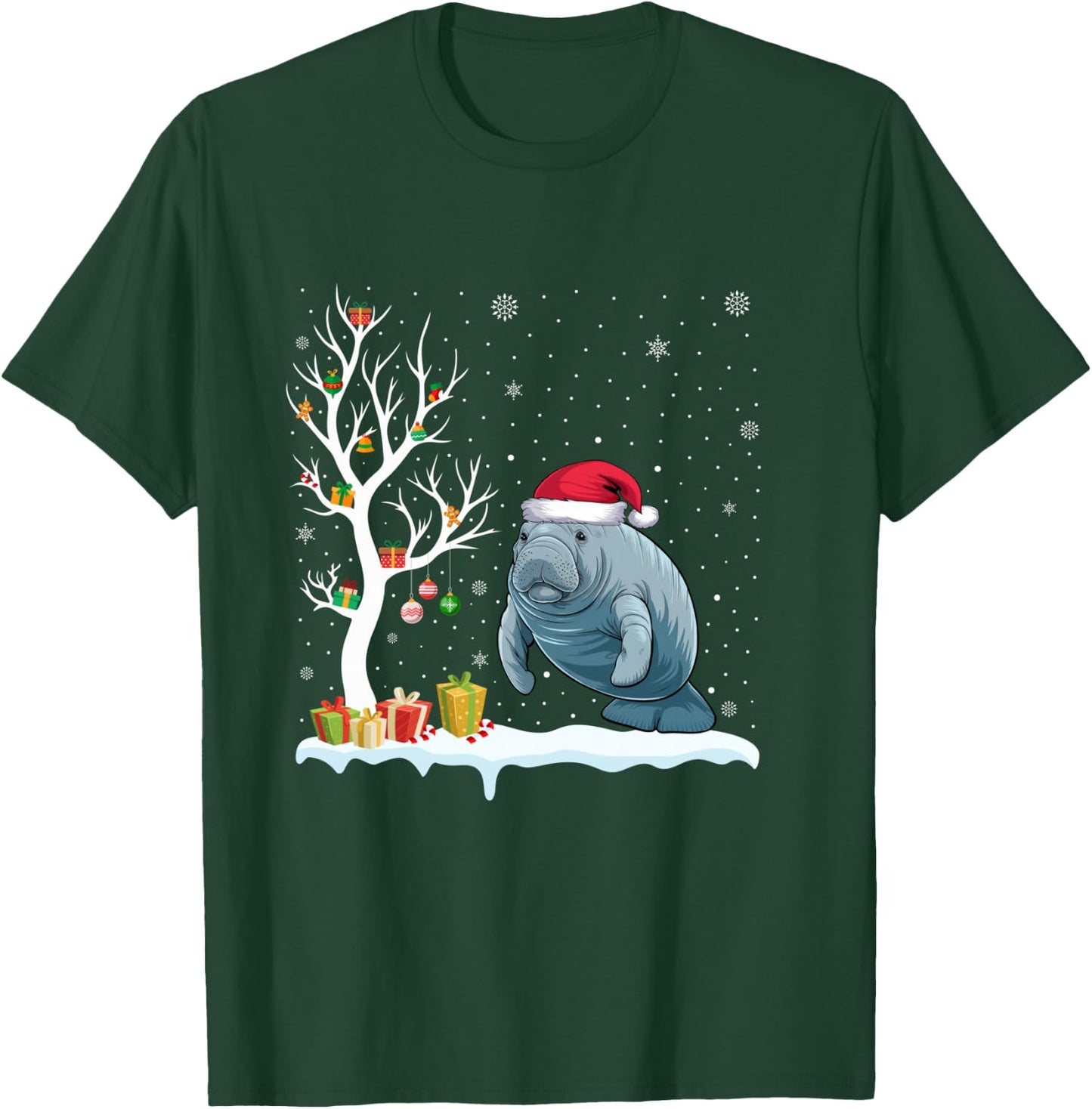 Manatee Santa Hat Festive Tree Light Christmas Pajama T-Shirt - T-Shirt | Forest