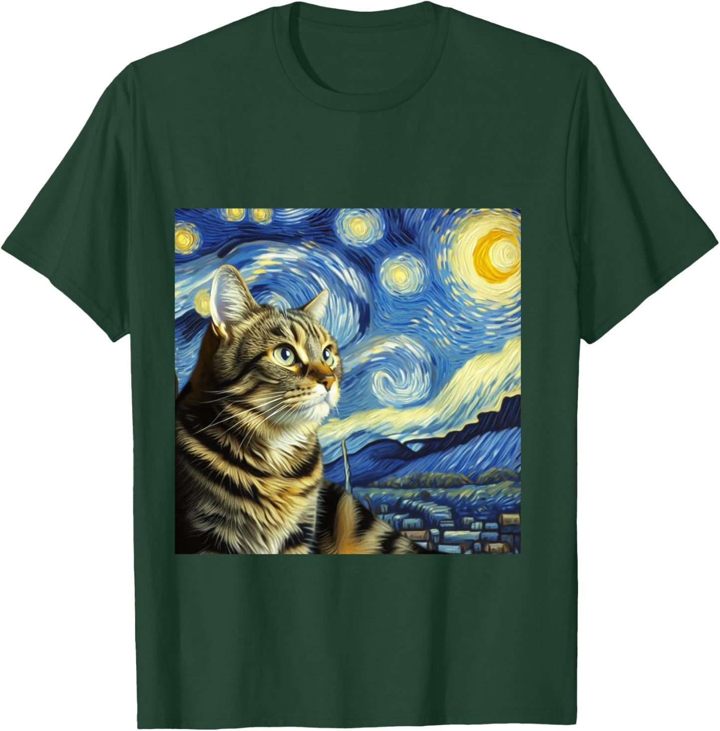 Funny Cat Lover Starry Night Van Gogh Grey Tabby Tiger Cat T-Shirt - T-Shirt | Forest