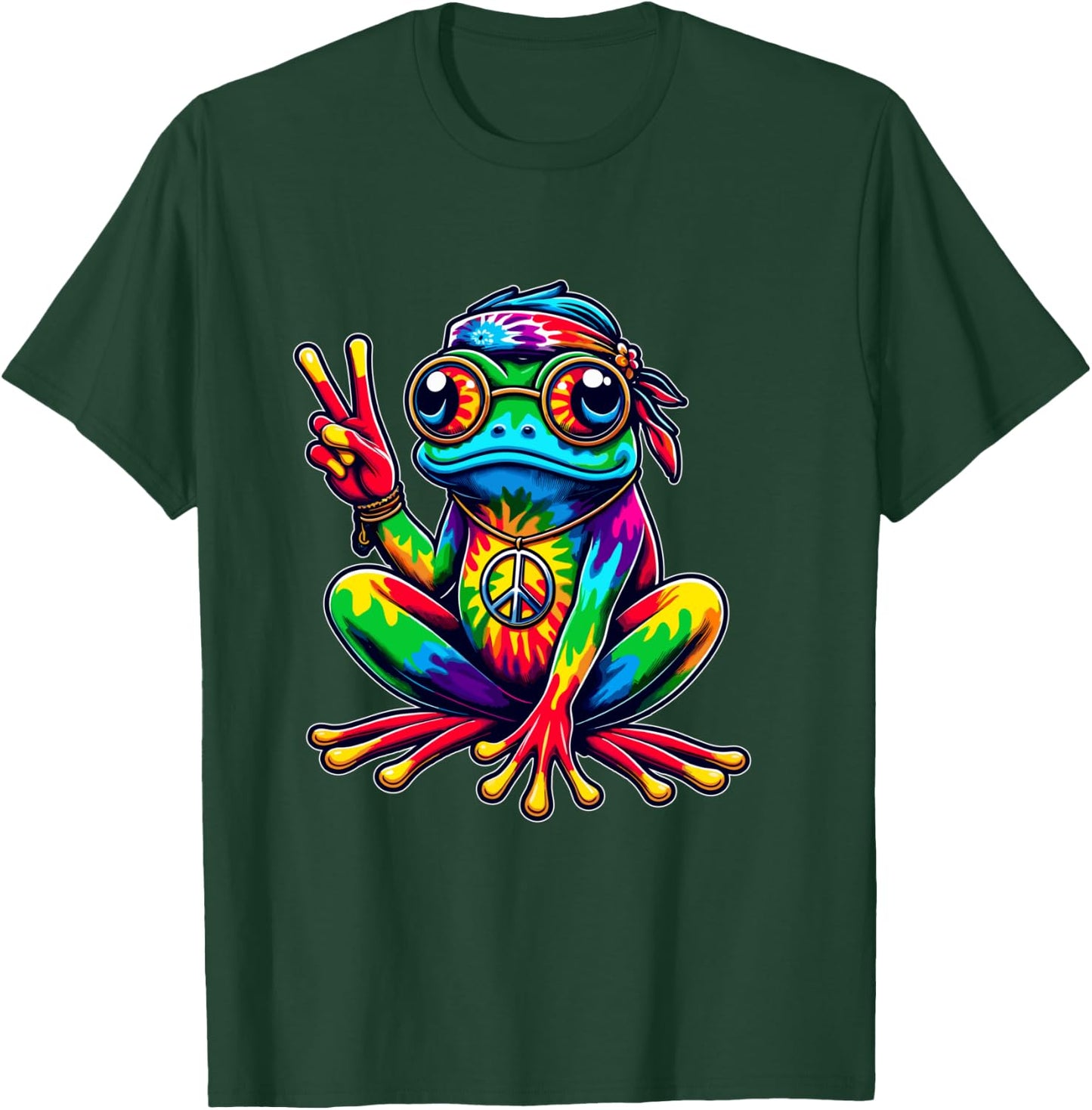 Hippie Tie-Dye Frog, 60s Party & 70s Costume, Peace Sign Shirt, black T-Shirt - T-Shirt | Forest