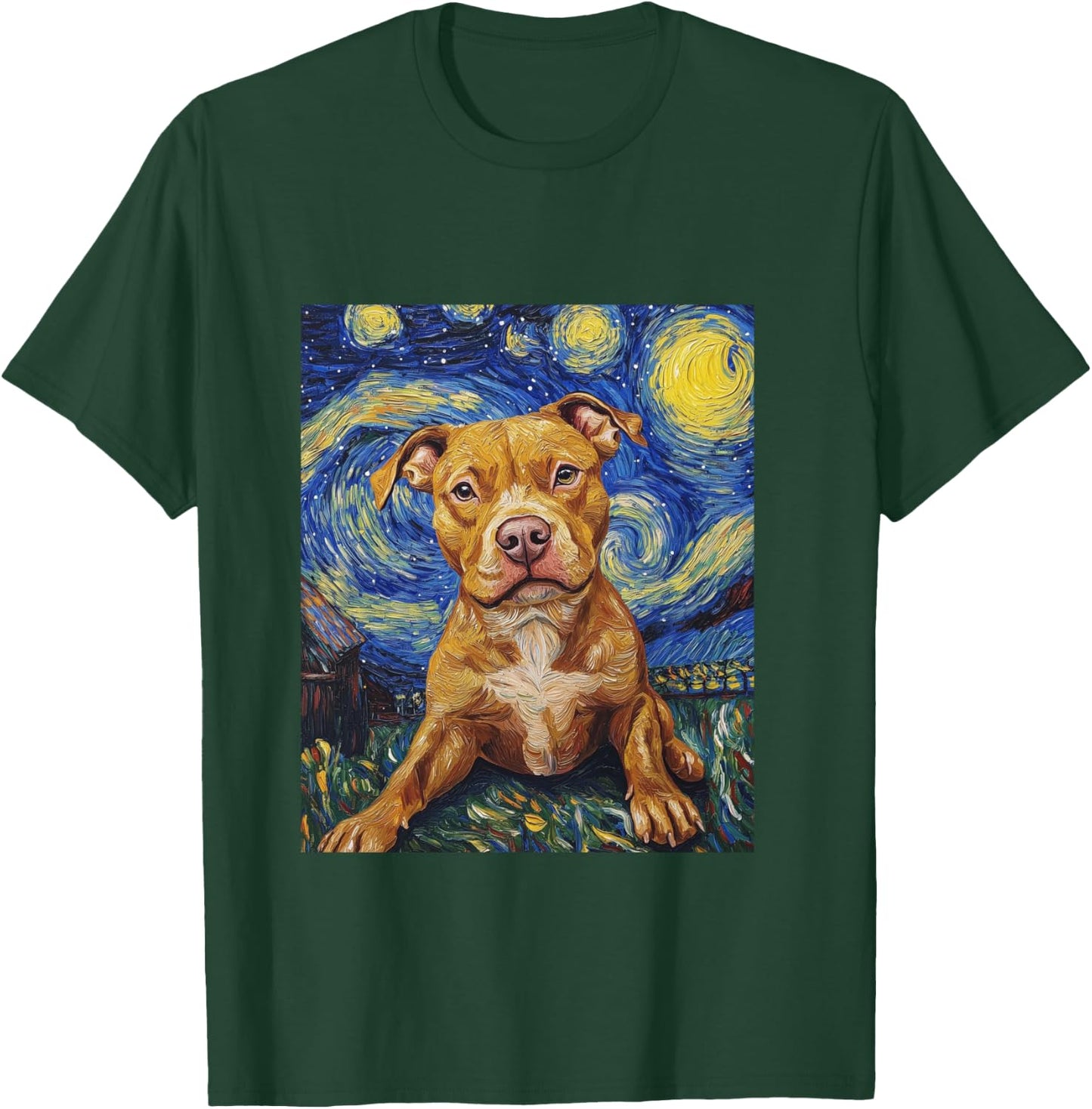 Pitbull Dog Pittie Van Gogh Style Starry Night Graphic T-Shirt - T-Shirt | Forest