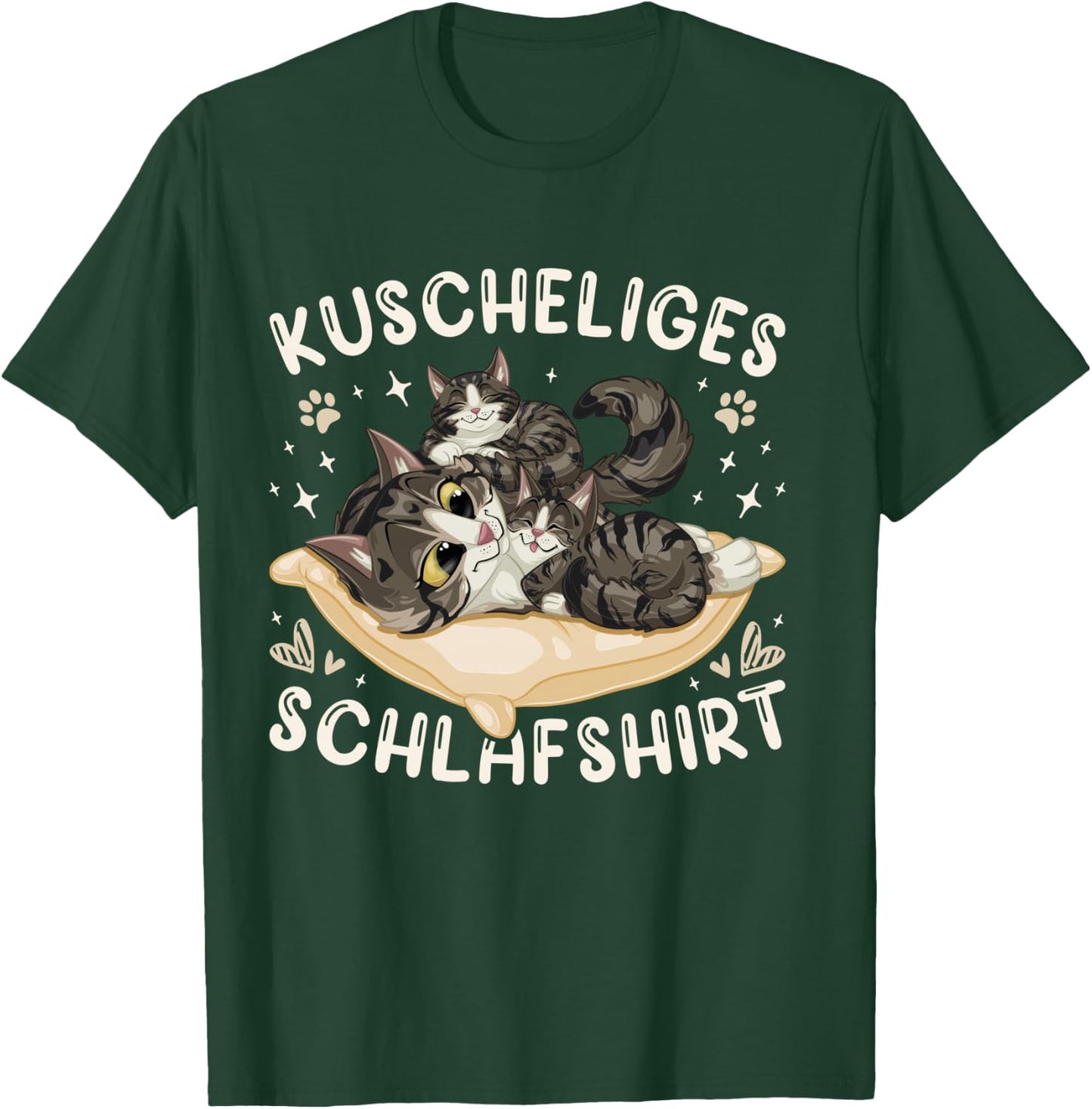Cosy Sleep Shirt Forest Cat with 2 Kittens Shirt, black T-Shirt - T-Shirt | Forest