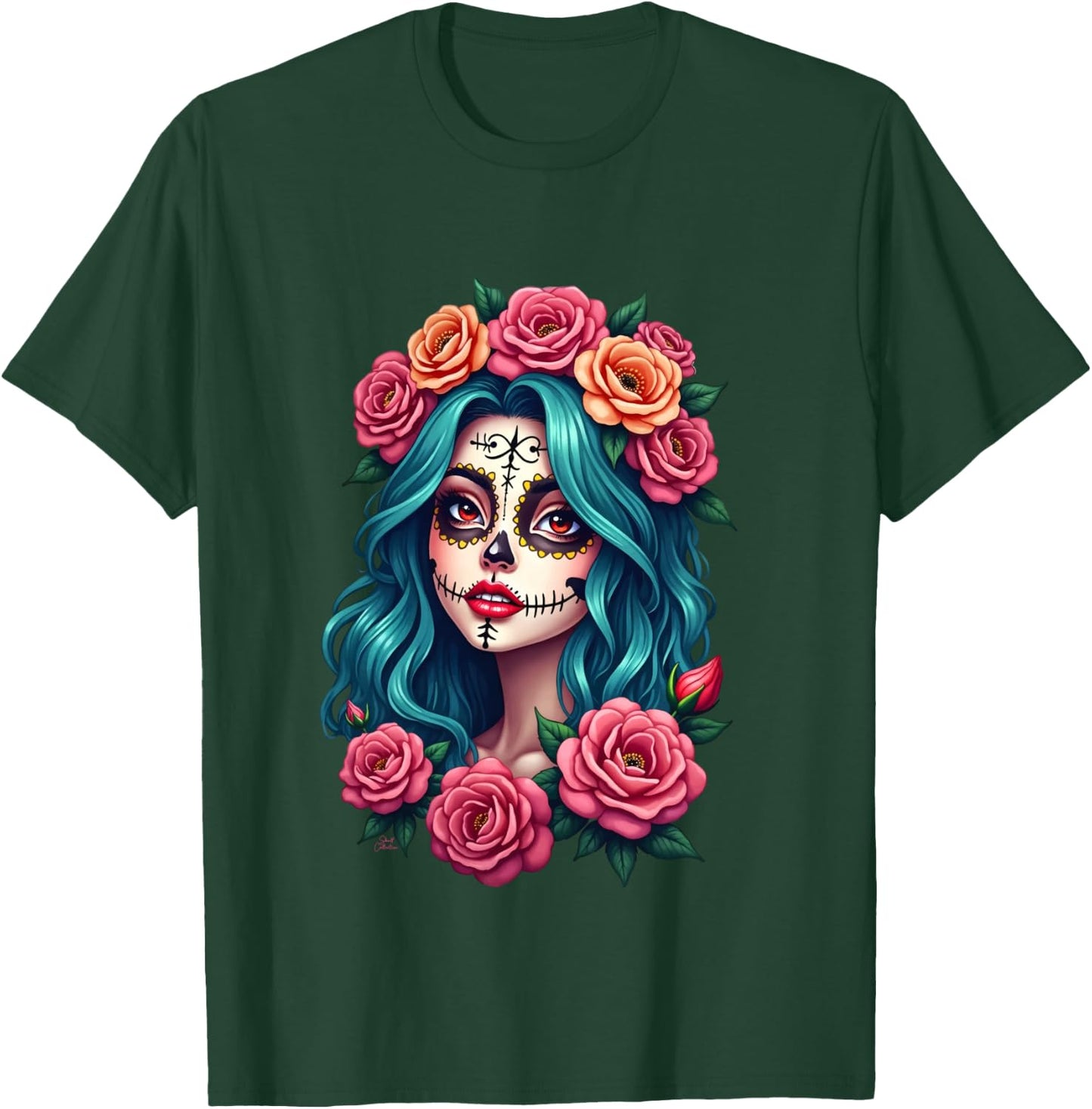 Dia de los Muertos head Mexican woman Mexico sugar skull , Black, S T-Shirt - T-Shirt | Forest
