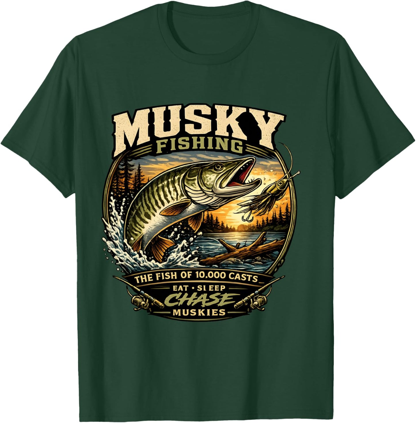 Musky Fishing - The Fish of 10000 Casts Eat Sleep Muskies T-Shirt - T-Shirt | Forest
