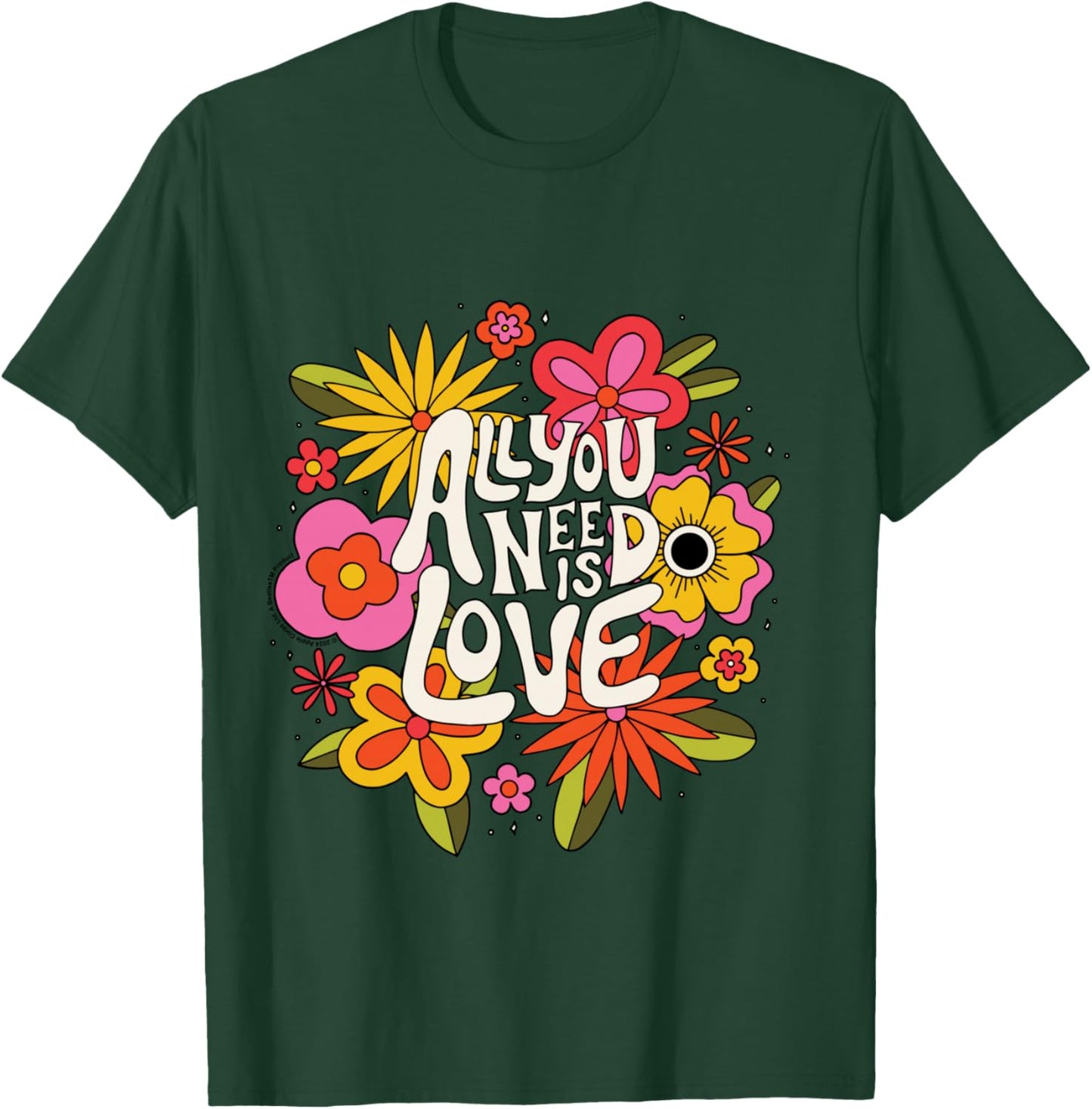 The Beatles - All You Need Is Love Retro Flowers , Black T-Shirt - T-Shirt | Forest