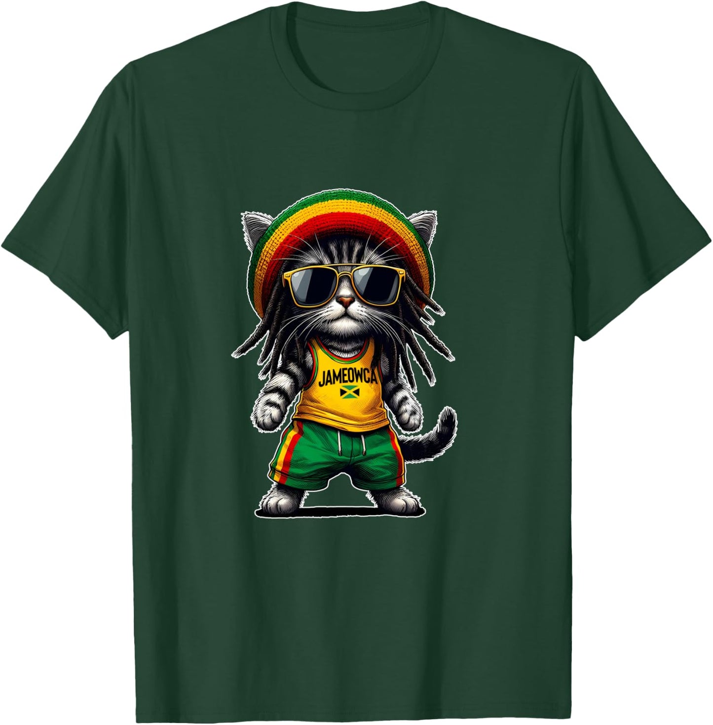 JAMEOWCA Cool & Funny Jamaican Rasta Reggae Cat T-Shirt - T-Shirt | Forest
