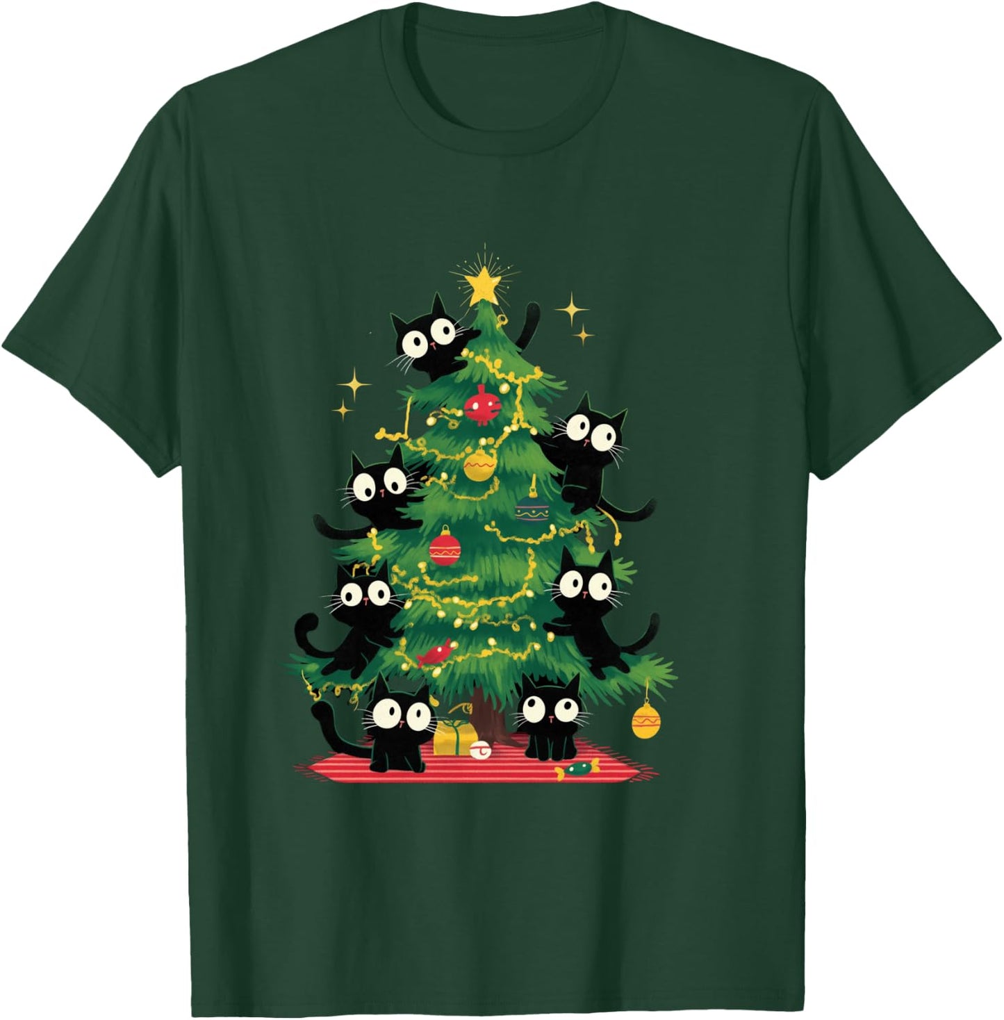 Arbre de Noël Amusant avec Chats Noirs pour Enfants, Hommes, Femmes, Nouvel an Manche Longue T-Shirt - T-Shirt | Forest
