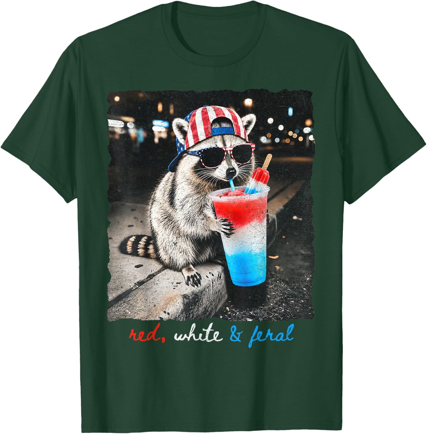 Red White & Feral Funny Raccoon Slushie Popsicle 4th July T-Shirt - T-Shirt | Forest