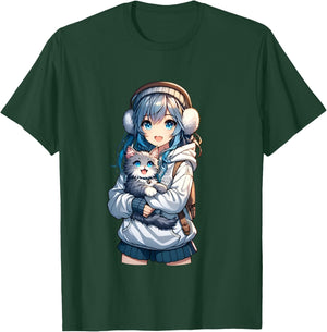 Cute Anime Girl with Cat for Cat Lover Kawaii Otaku Manga , Black, S T-Shirt - T-Shirt | Forest
