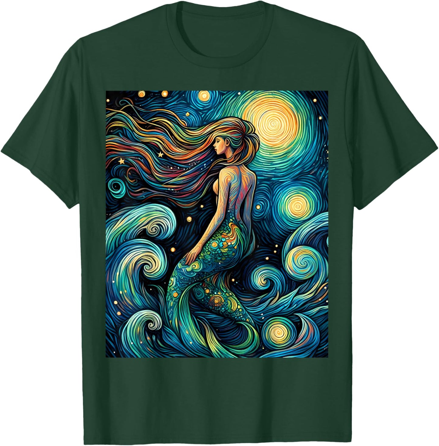 Mermaid Under Starry Night Sky Art Graphic Christmas T-Shirt - T-Shirt | Forest