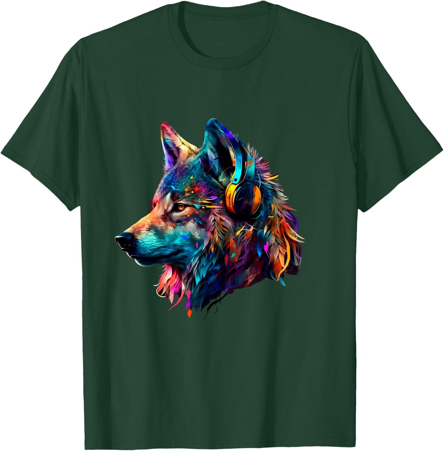 Bunter Wolf mit Kopfhörern, Musikgrafik, Herren, Damen, Kinder Langarmshirt T-Shirt - T-Shirt | Forest