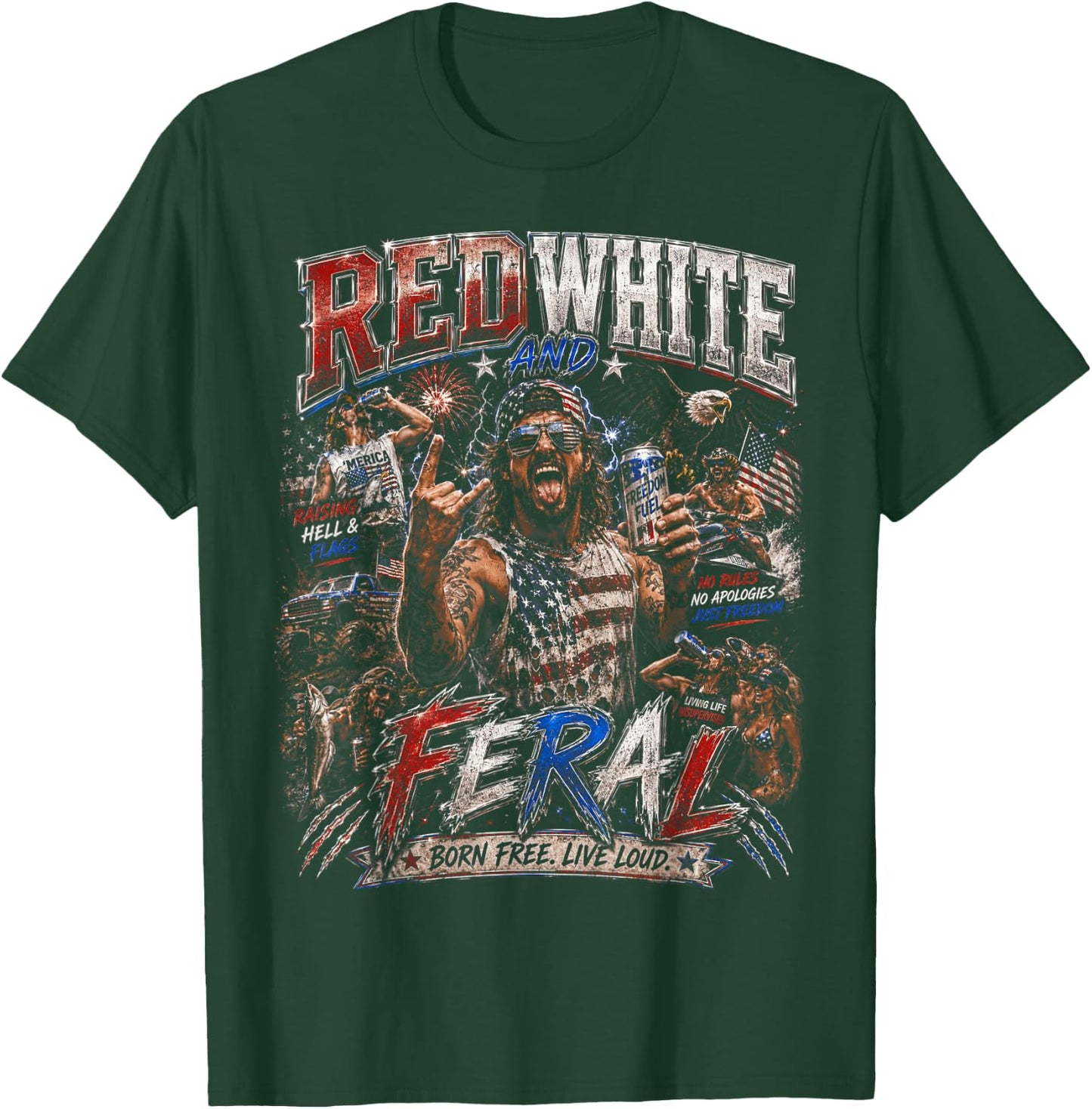Red White and Feral Freedom US Flag American Bootleg T-Shirt - T-Shirt | Forest