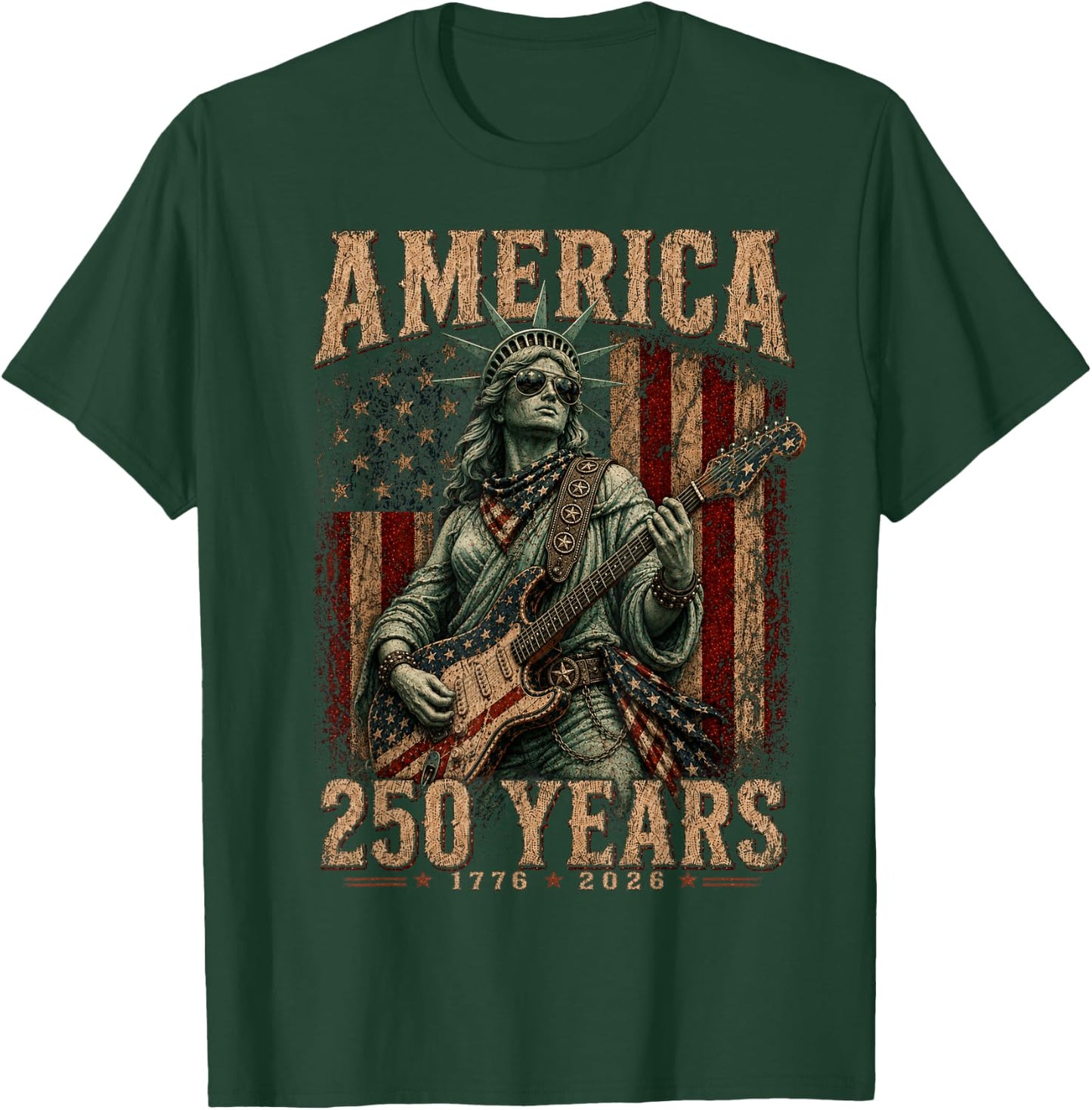Statue Liberty Playing Guitar 4th July 250th Anniversary T-Shirt - T-Shirt | Forest