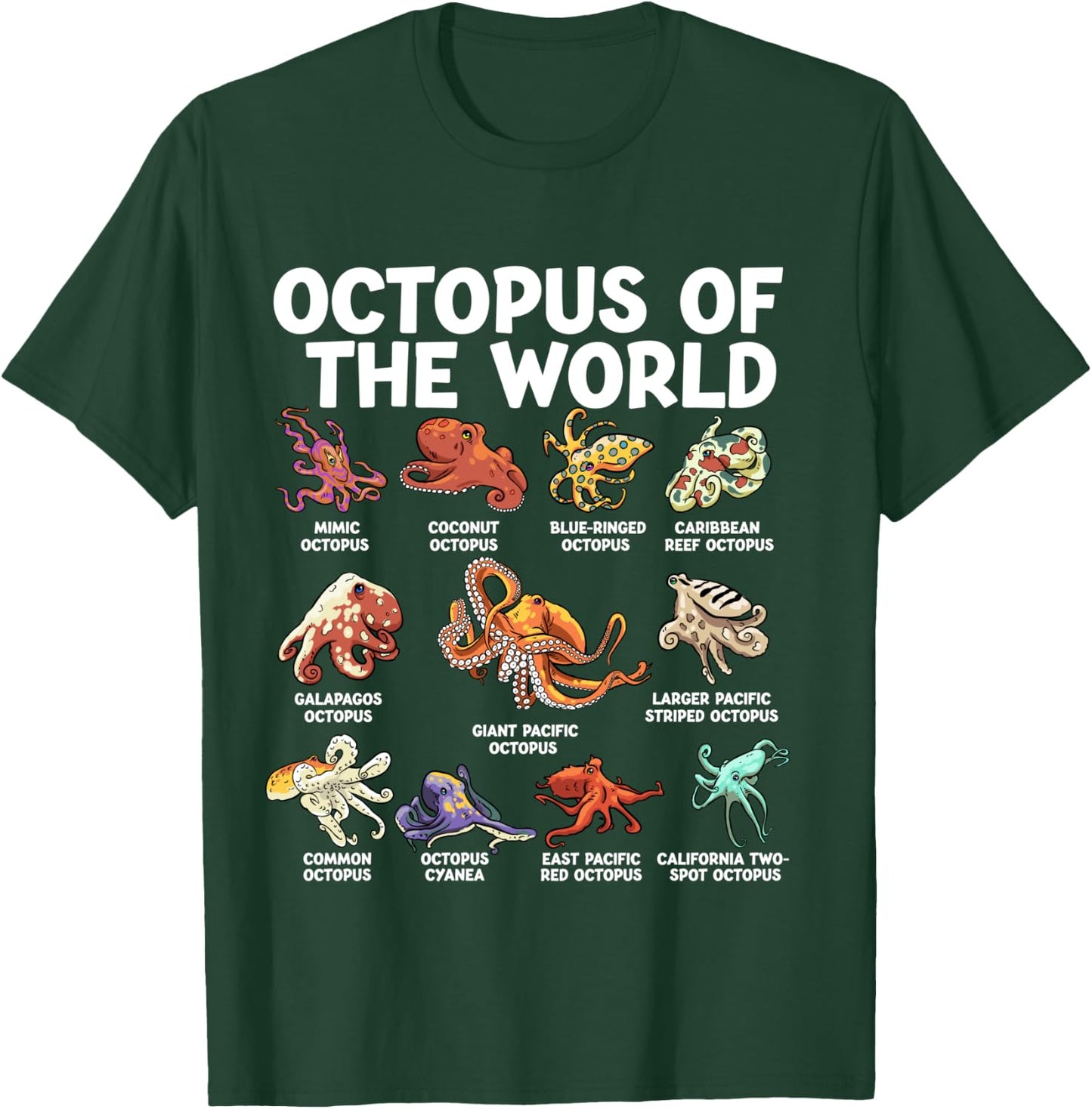 Octopus Of The World Kawaii Types Of Octopus Sea Animal T-Shirt - T-Shirt | Forest
