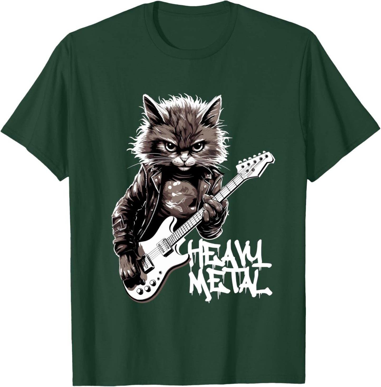 Cat Playing Guitar Heavy Metal Rock Cat Funny Guitarist Long Handle T-Shirt - T-Shirt | Forest