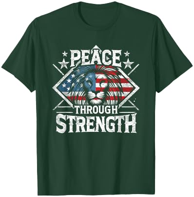 CharlIan Minds - USA Flag Peace Through Strength Lion Patriot -Adults Black Short Sleeve Modern Novelty Graphic T-Shirt - T-Shirt | Forest