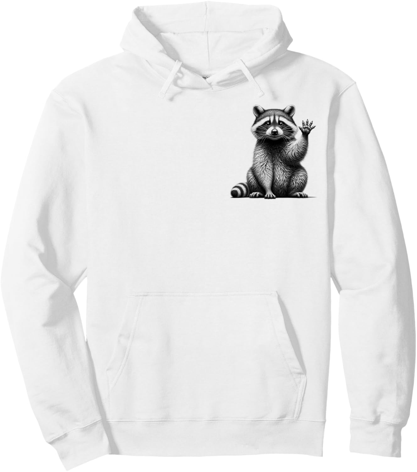 Cute Waving Raccoon Drawing Style on Chest , gray Hoodie - Hoodie | White