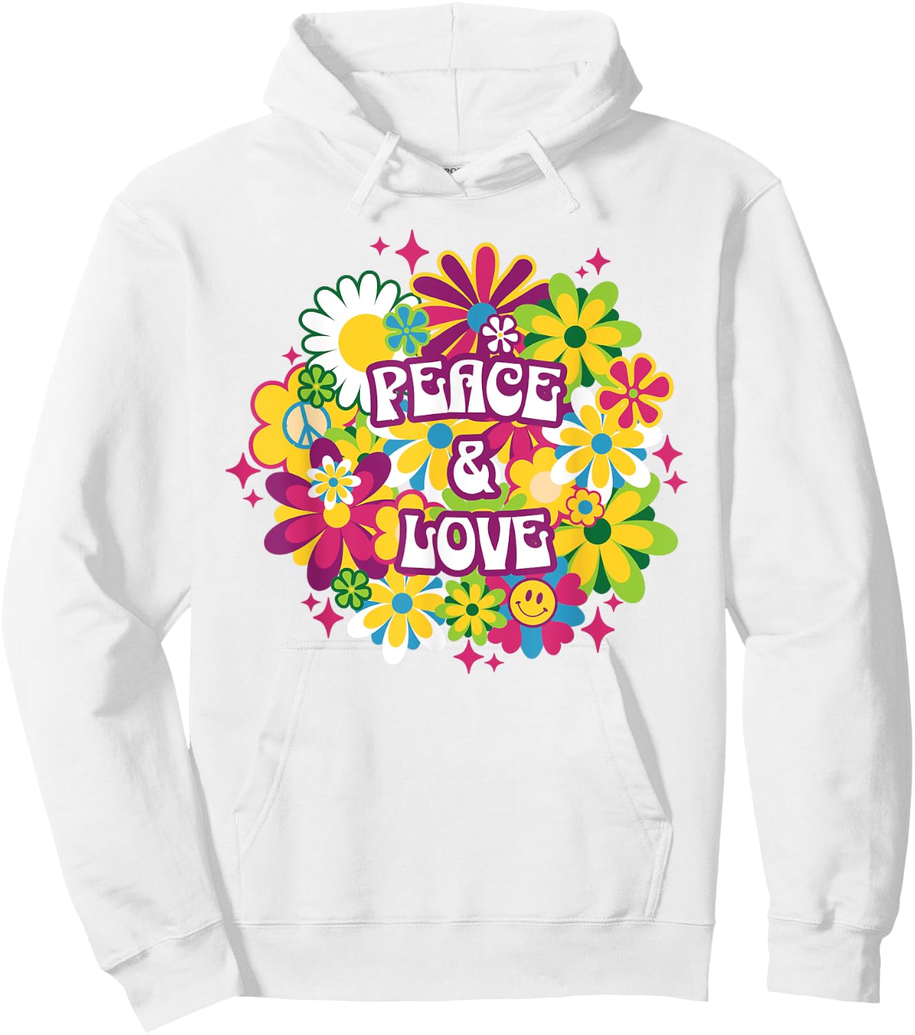 Peace Love 70s Retro Floral Happy Face Flower Groovy Women's , Blue, S Hoodie - Hoodie | White