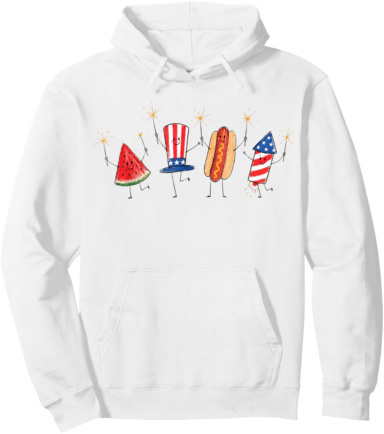 Patriotic Doodle Fourth of July Watermelon Hot Dog Firework Hoodie - Hoodie | White