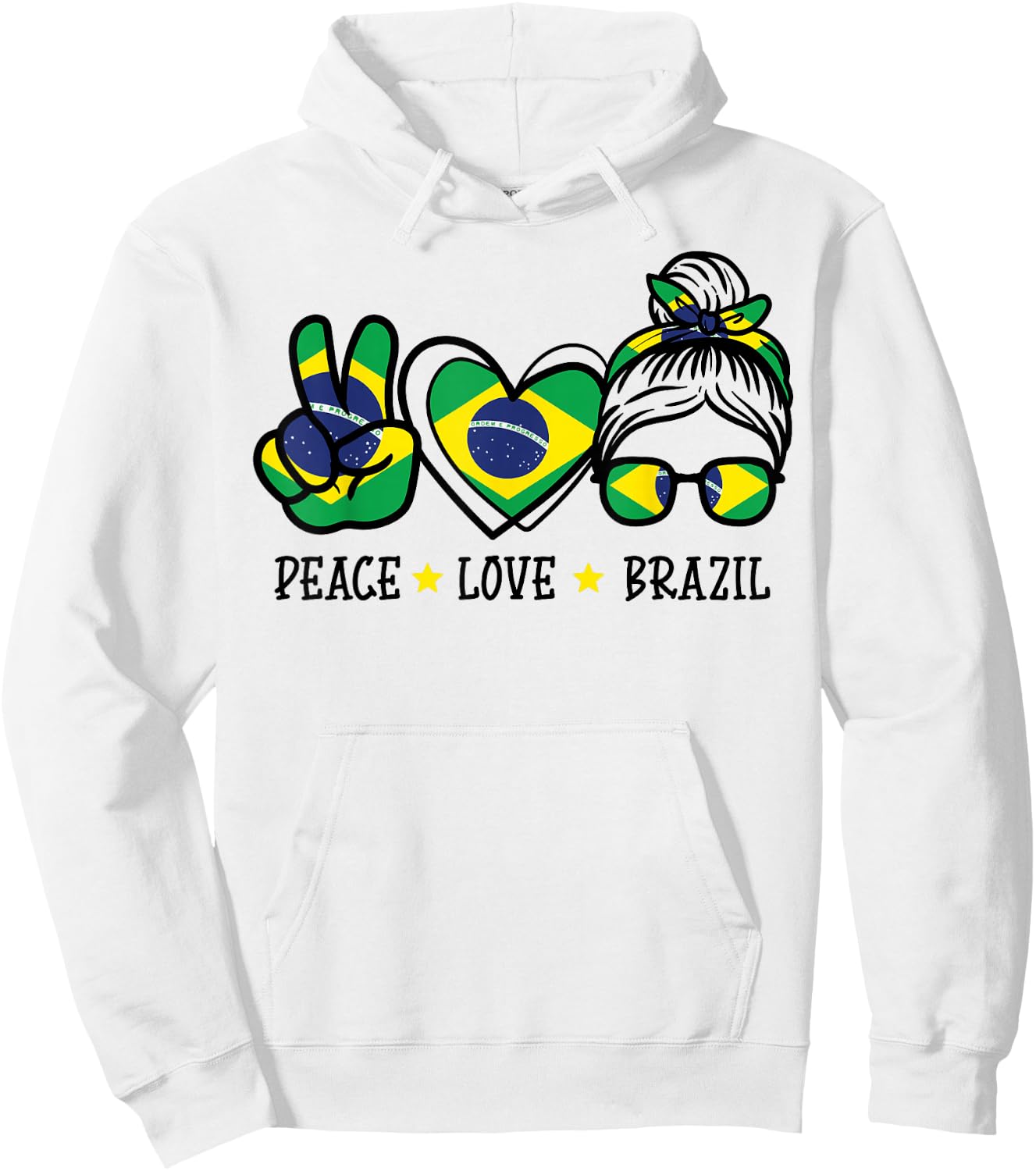 Peace Love Brazil Messy Bun Soccer Fan Women Girls Kids Hoodie - Hoodie | White