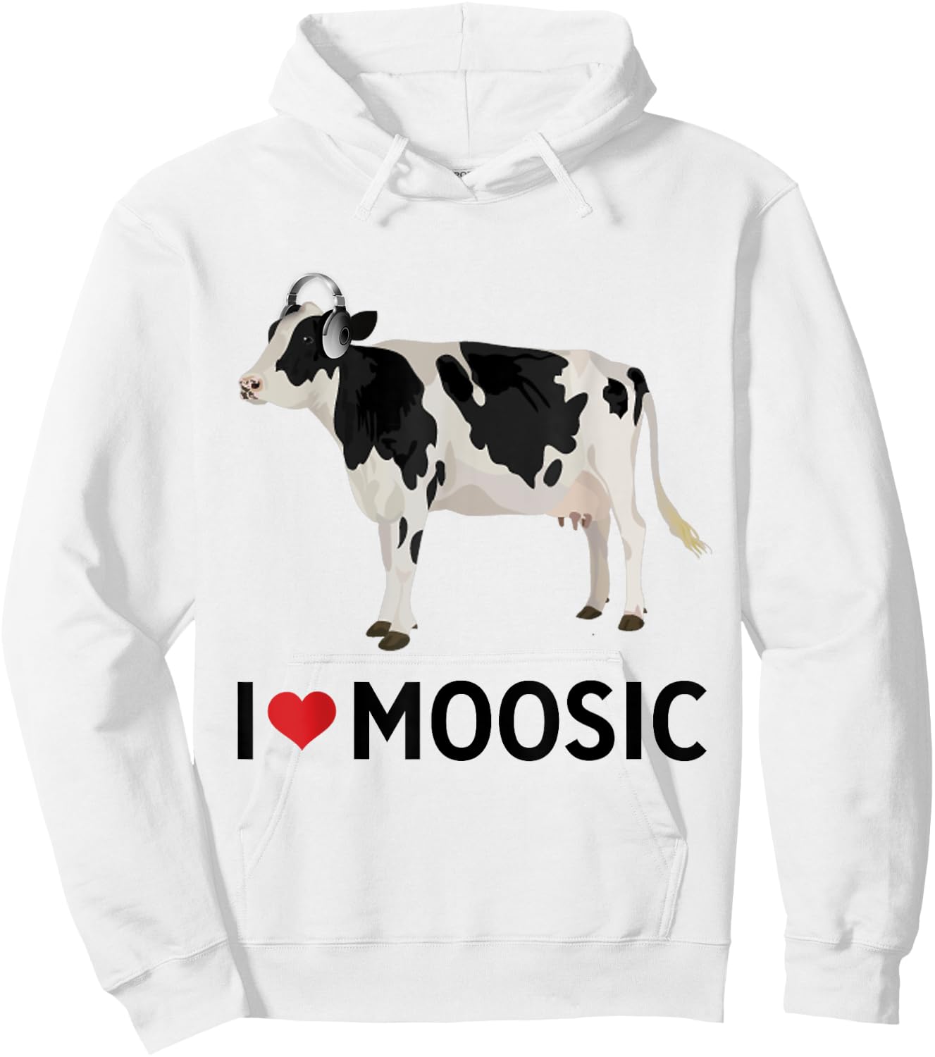 I Love Music Headphones Cow "I Heart Moosic" Funny Pun Hoodie - Hoodie | White