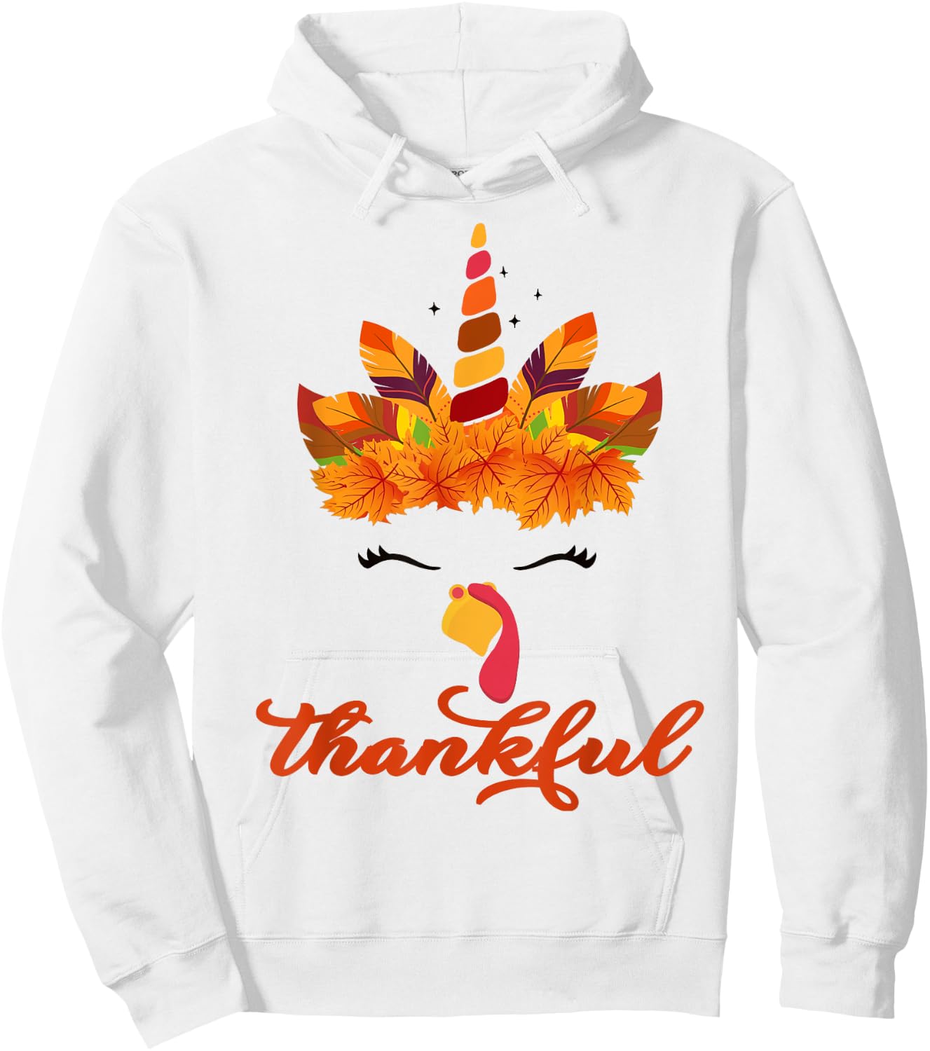 Thankful Unicorn Turkey Face Thanksgiving Outfit Girl Kids Hoodie - Hoodie | White