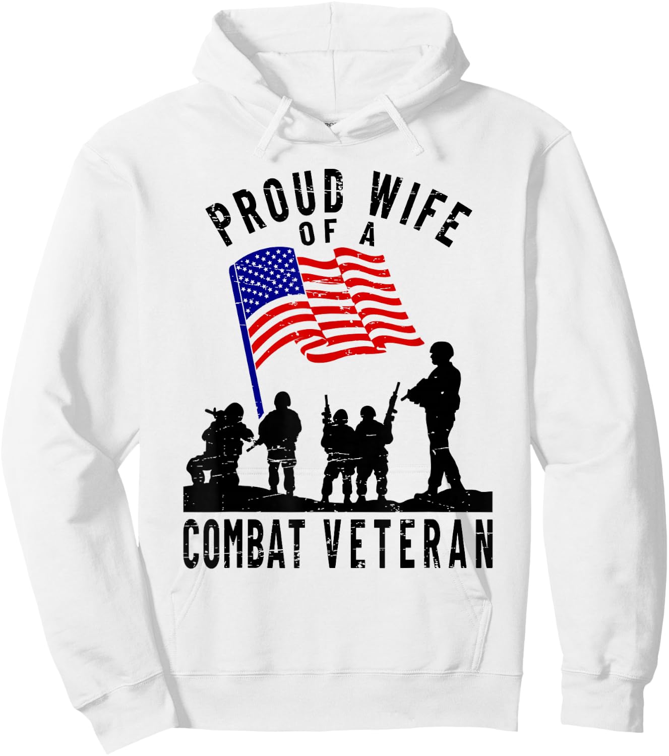 Proud Wife of a Combat Veteran Retro US Flag Military Family Hoodie - Hoodie | White