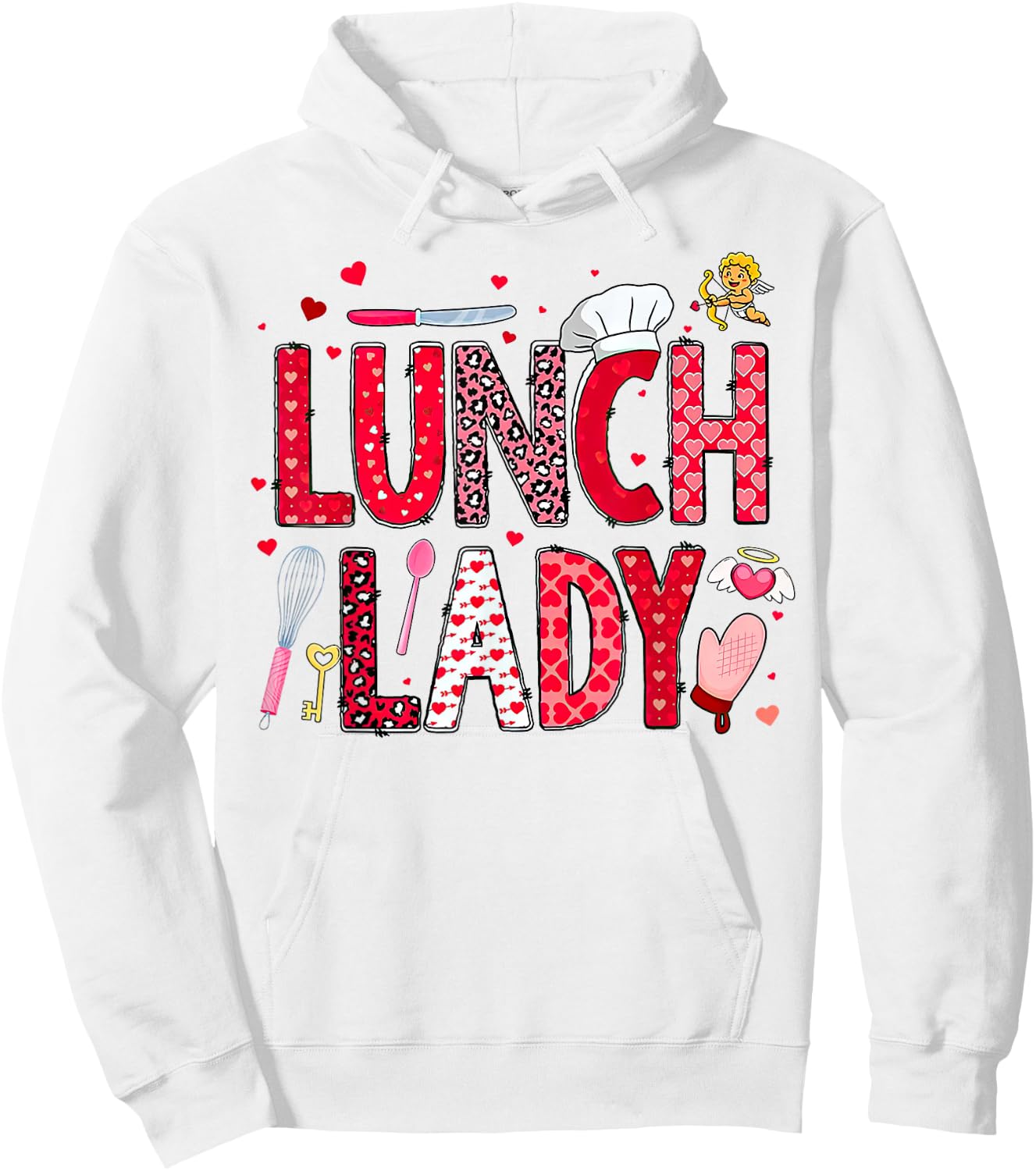 Lunch Lady Leopard Heart Valentine's Day Cafeteria Crew Hoodie - Hoodie | White