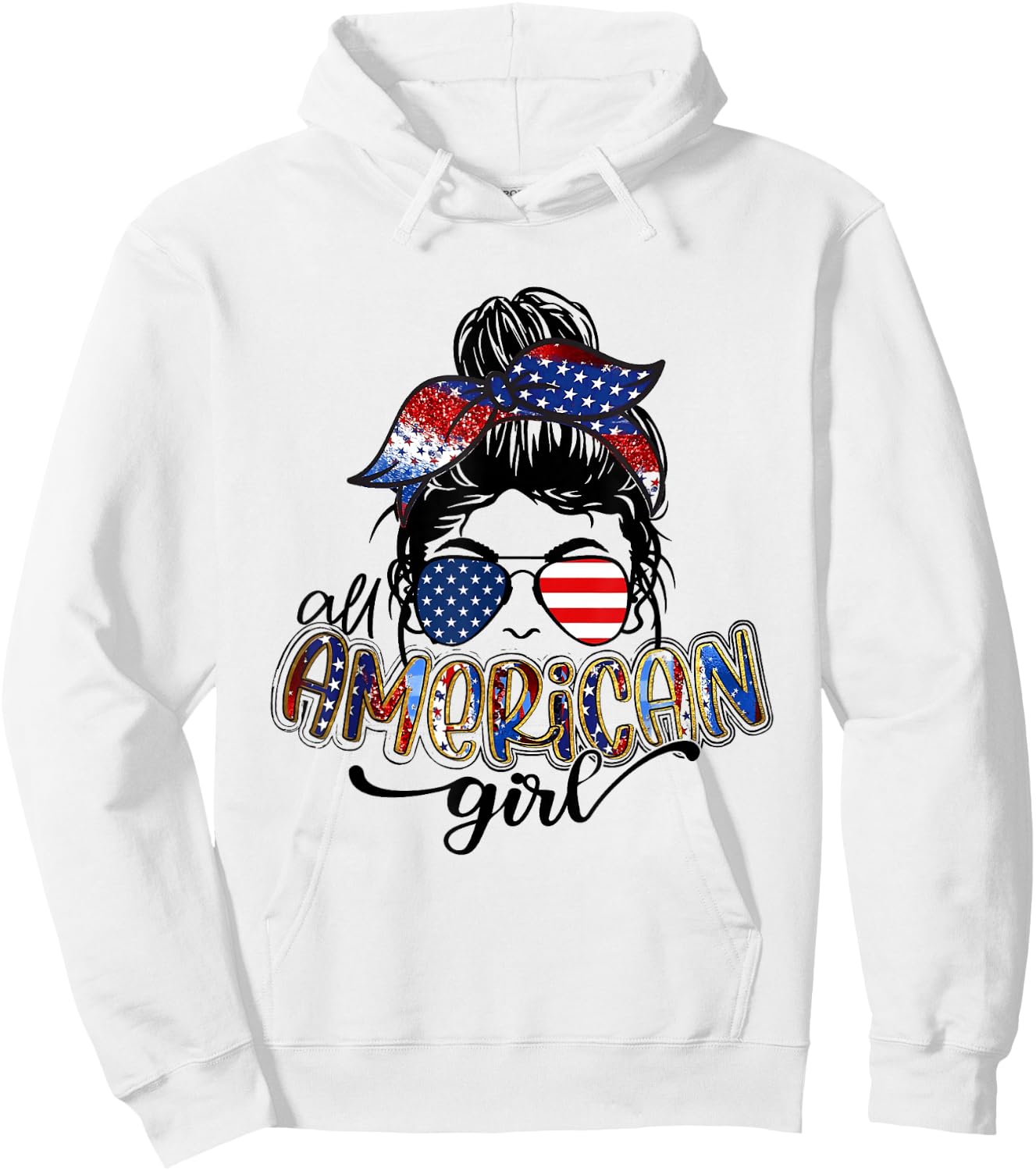 All American Girls Messy Bun Leopard 4th of July Flag Hoodie - Hoodie | White