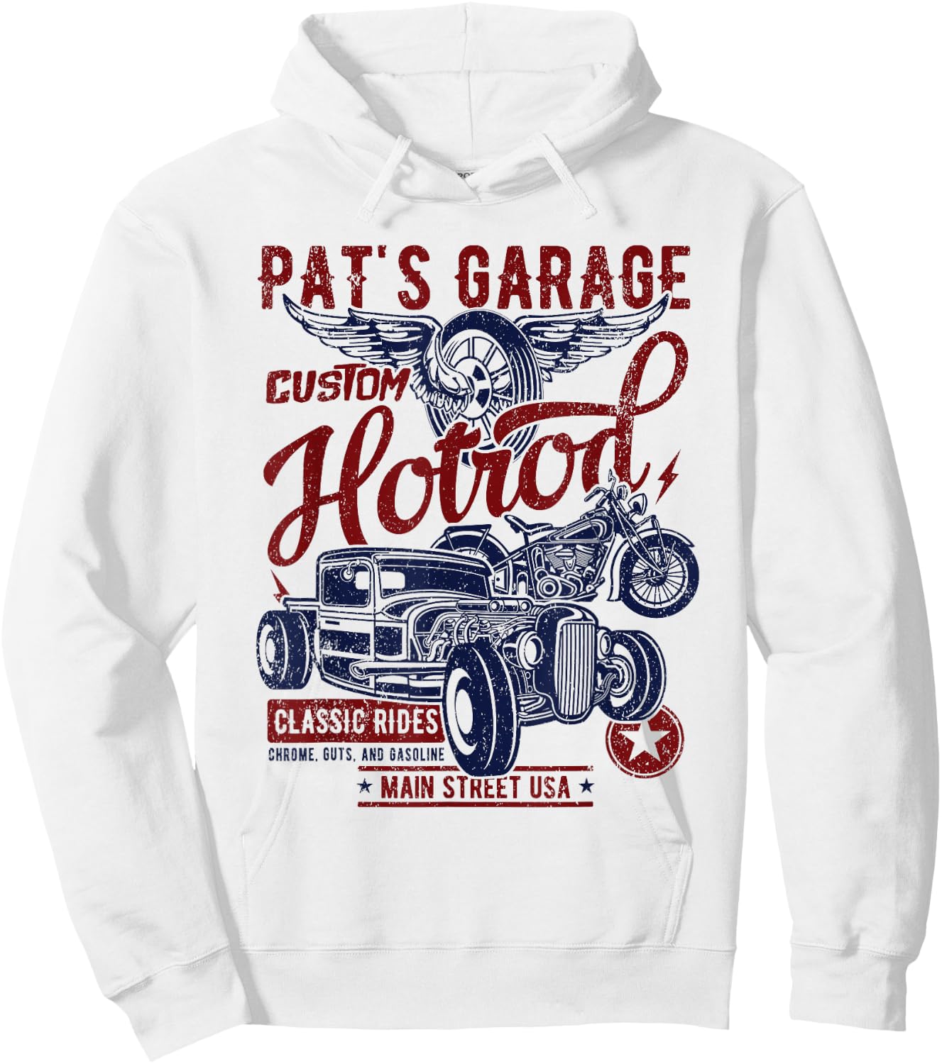 Pat's Garage Hotrod Classic Rides Distressed Design Hoodie - Hoodie | White