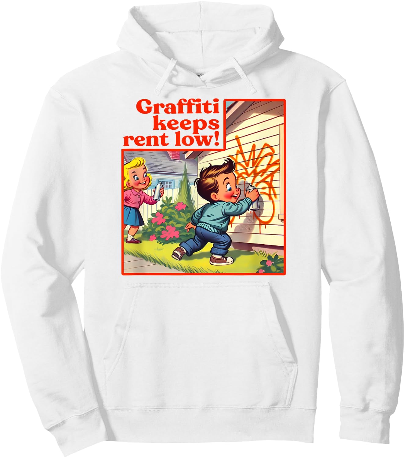 Graffiti Keeps Rent Low Retro Tag Graffiti Street Art , white, S Hoodie - Hoodie | White