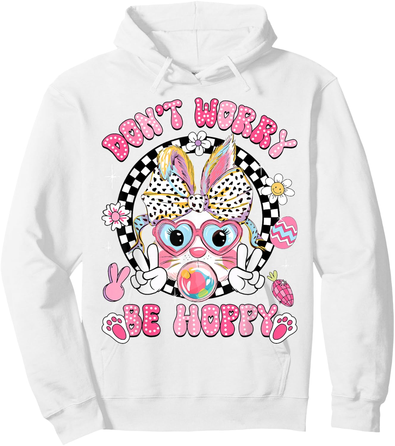 Happy Easter Groovy Bunny Face Don't Worry Be Hoppy Women Hoodie - Hoodie | White