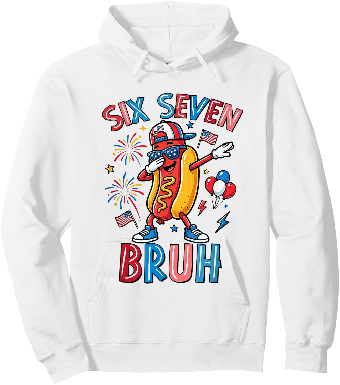 Six Seven Bruh 67 Meme 4th of July Hotdog Dabbing Boys Kids Hoodie - Hoodie | White