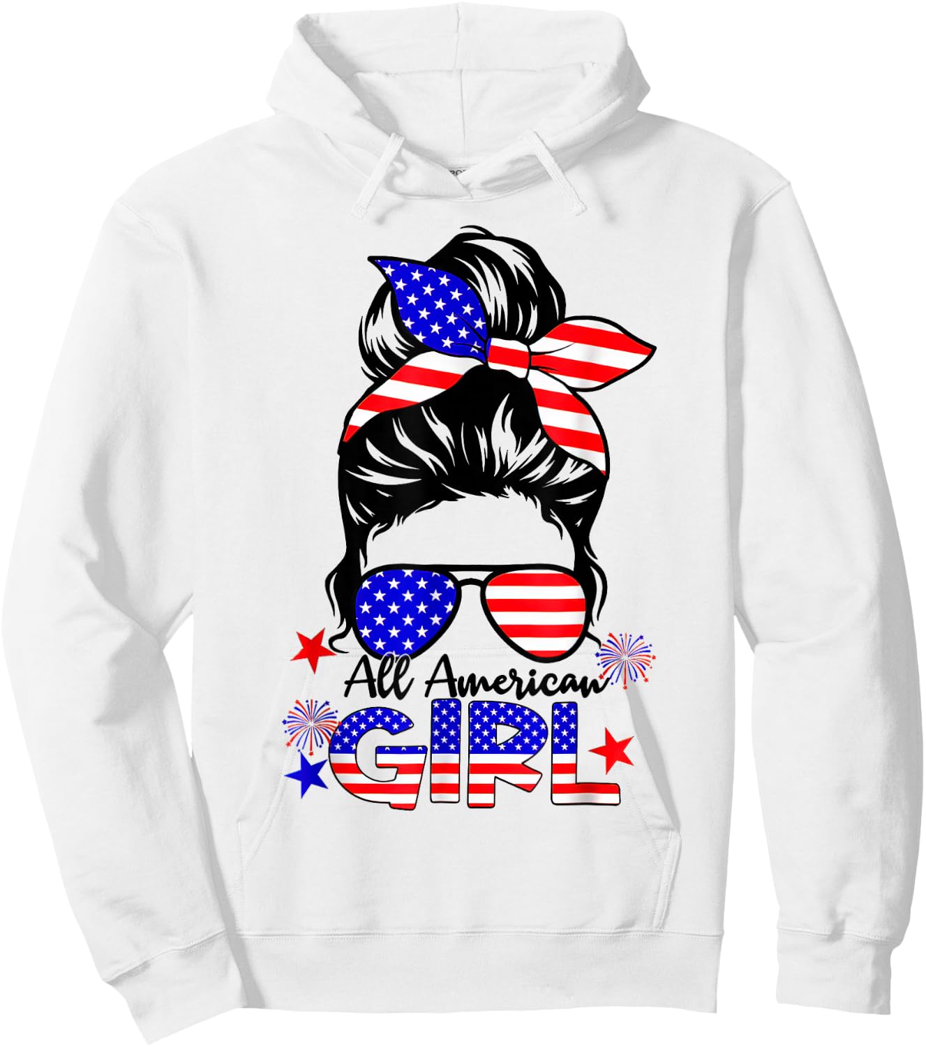 4th of July All American Girls Messy Bun Hoodie - Hoodie | White