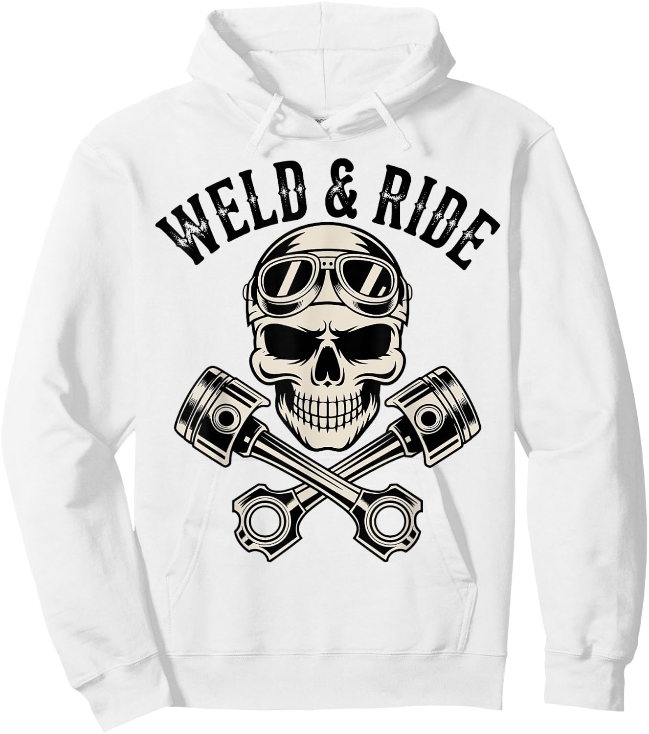 Skull with Goggles and Crossed Pistons Biker Artwork Hoodie - Hoodie | White