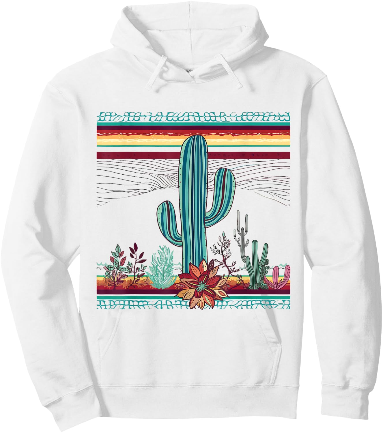 Serape Cactus Print Turquoise Western Saguaro Cactus Hoodie - Hoodie | White