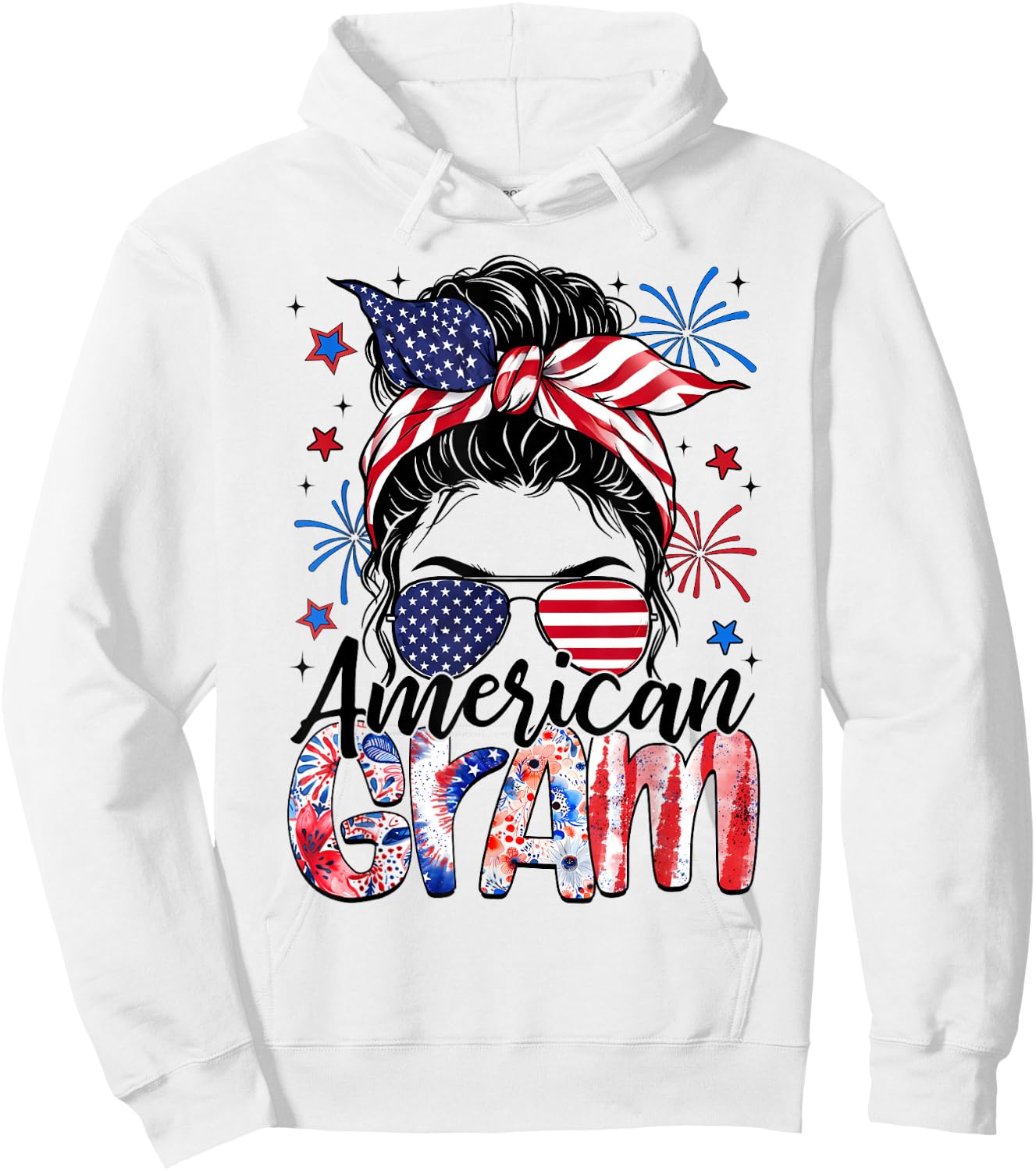 Gram 4th Of July American Flag Patriotic Messy Bun Hoodie - Hoodie | White