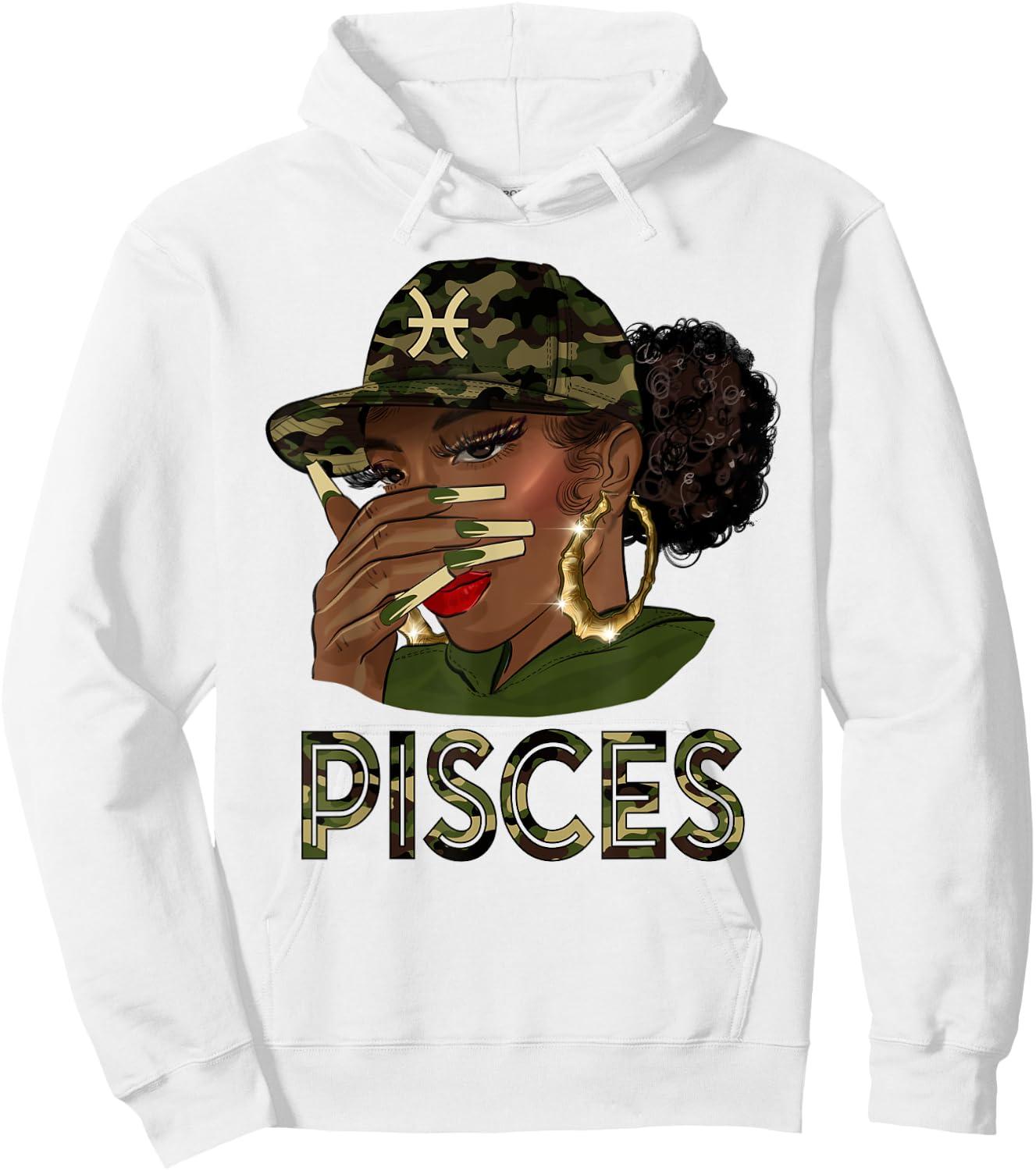 Pisces Queen Black Girl With Cap Camo Afro Woman Zodiac Hoodie - Hoodie | White