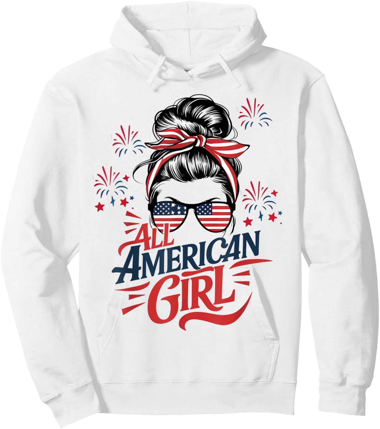 4th of July USA Flag Messy Bun Patriotic All American Girl Hoodie - Hoodie | White