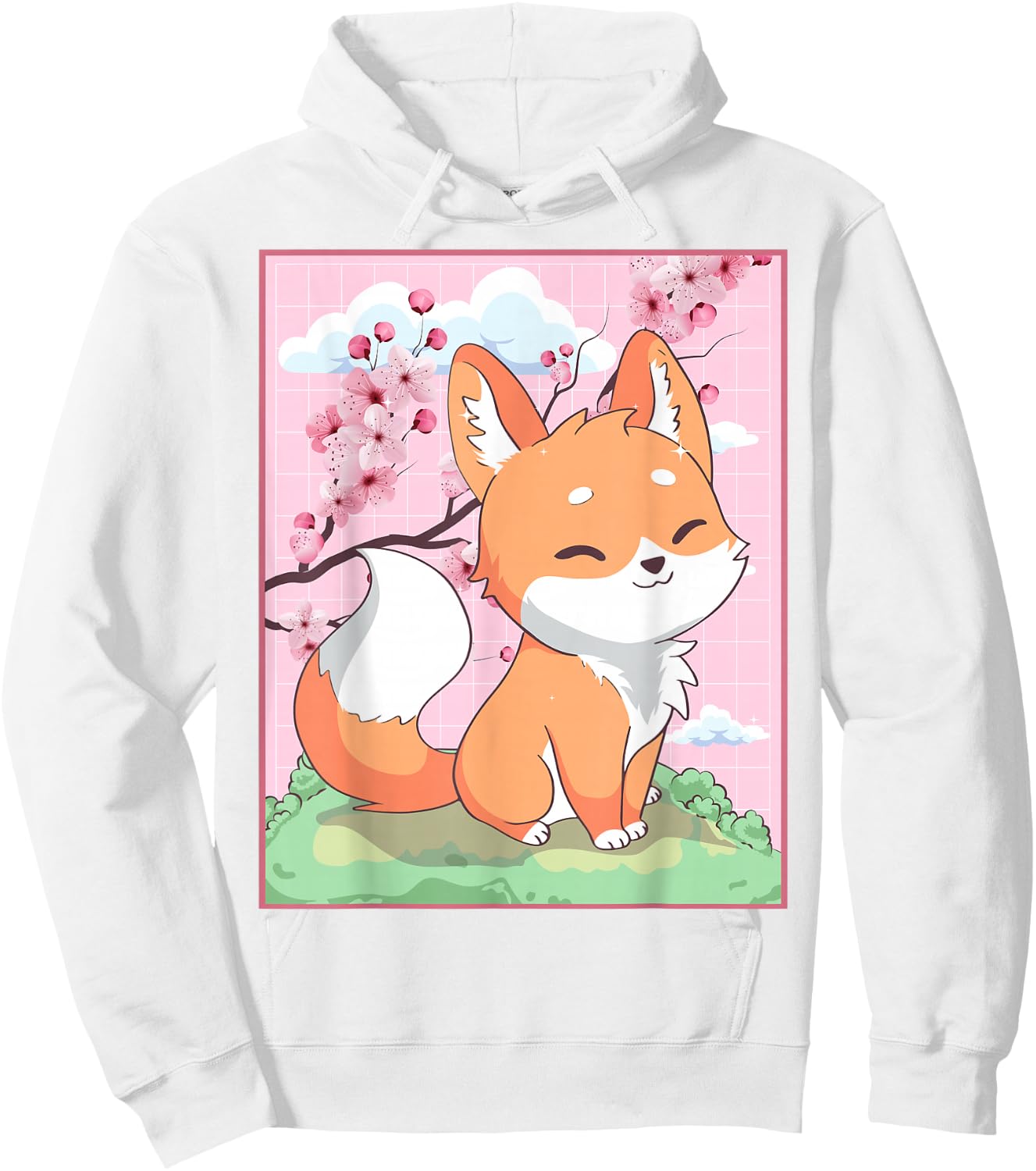 Kawaii Fox Japanese Kitsune Sakura Cherry Blossom Hoodie - Hoodie | White