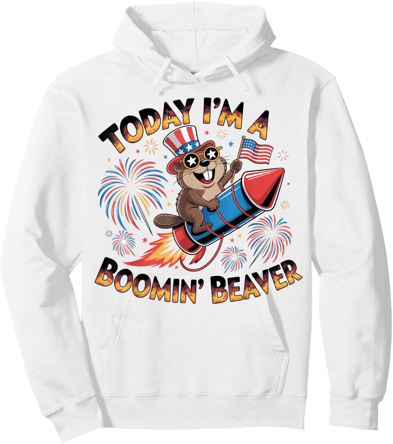 Funny 4th of July Boomin' Beaver Fireworks Patriotic USA Hoodie - Hoodie | White