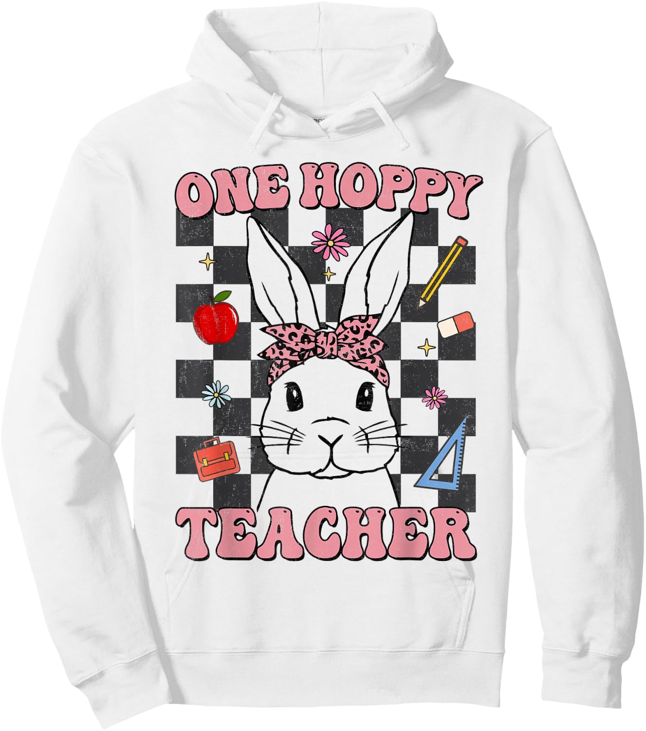 Retro Groovy One Hoppy Teacher Bunny Easter Day Teaching Hoodie - Hoodie | White