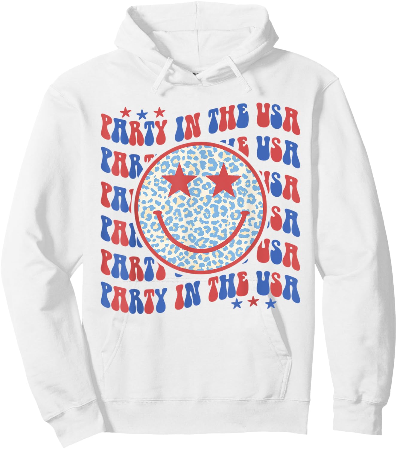 Party In The USA Happy Face Leopard Pattern 4th Of July Hoodie - Hoodie | White