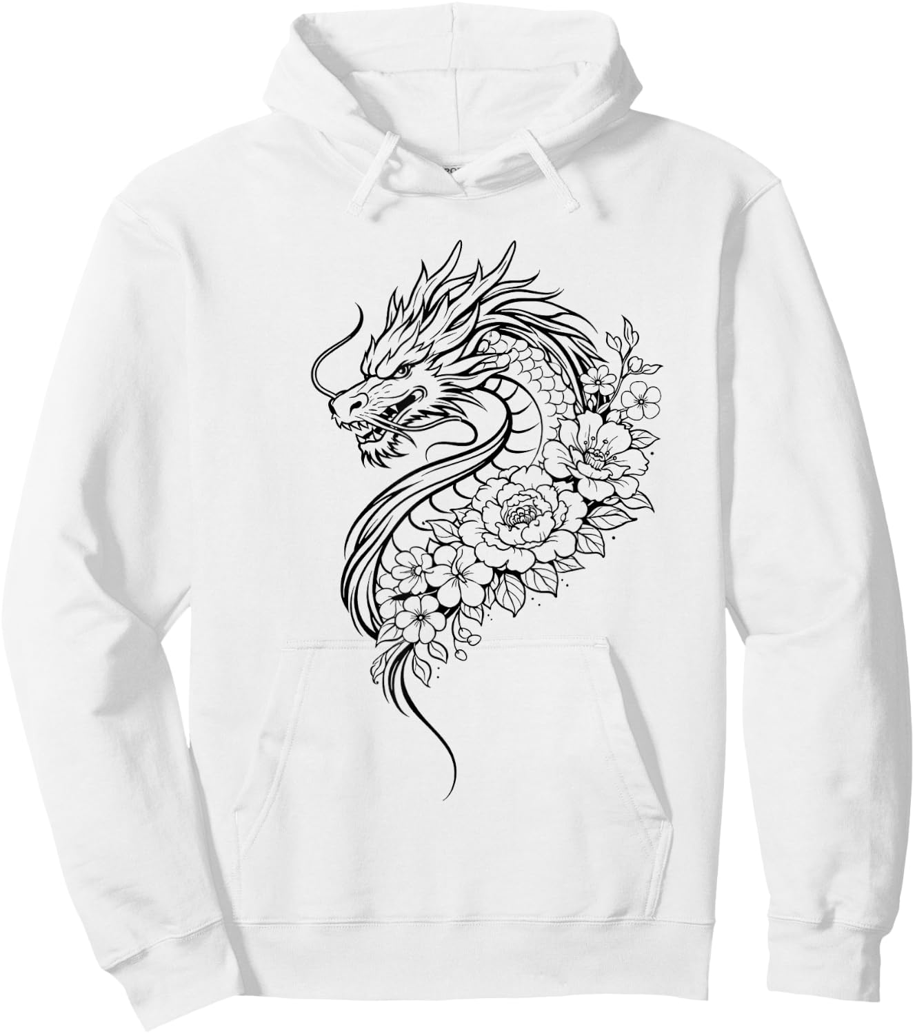 Dragon Flowers Line Art Minimalist Splash Hoodie - Hoodie | White