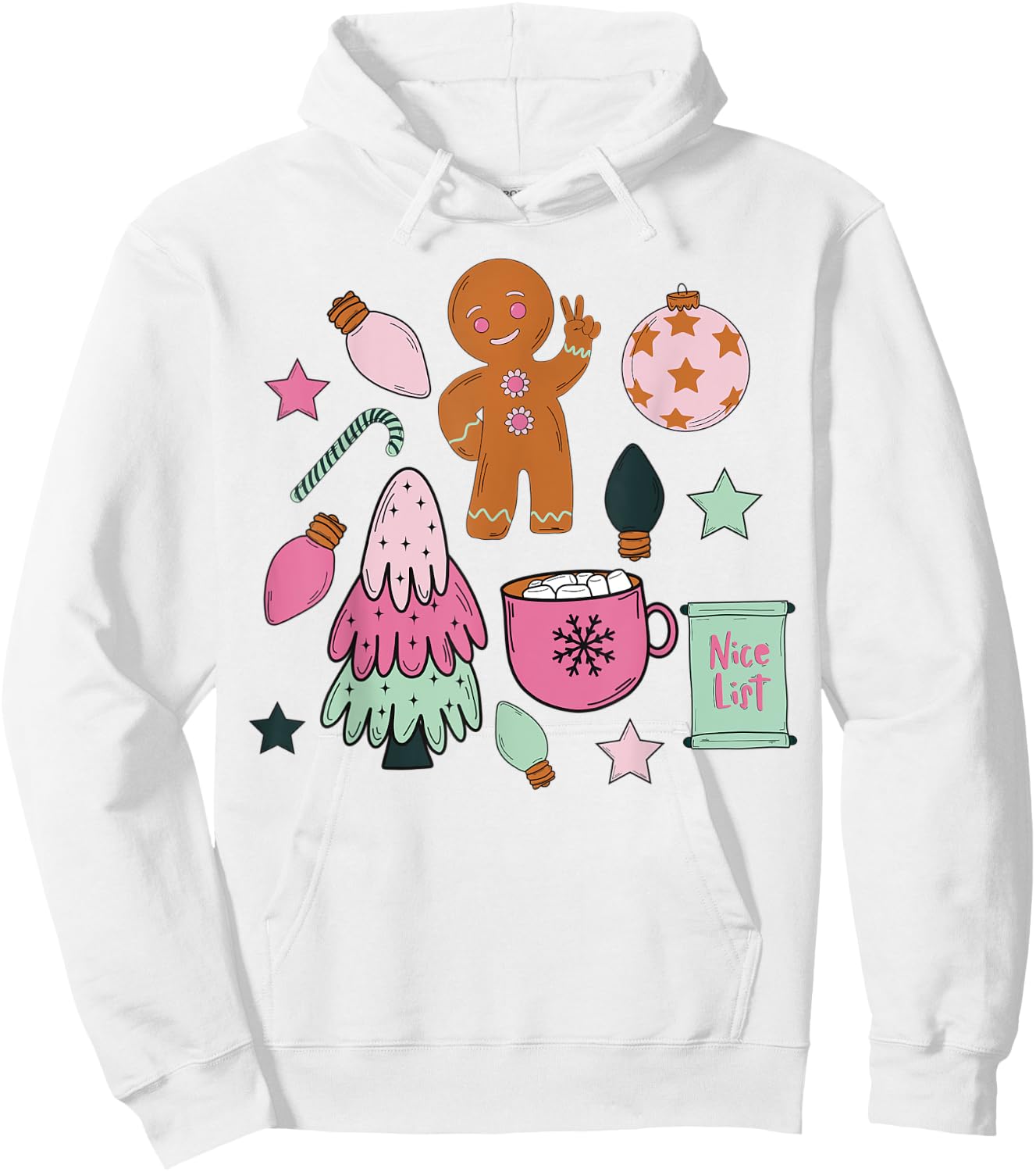Groovy Merry Christmas Gingerbread Man Peace Sign Pastel Hoodie - Hoodie | White