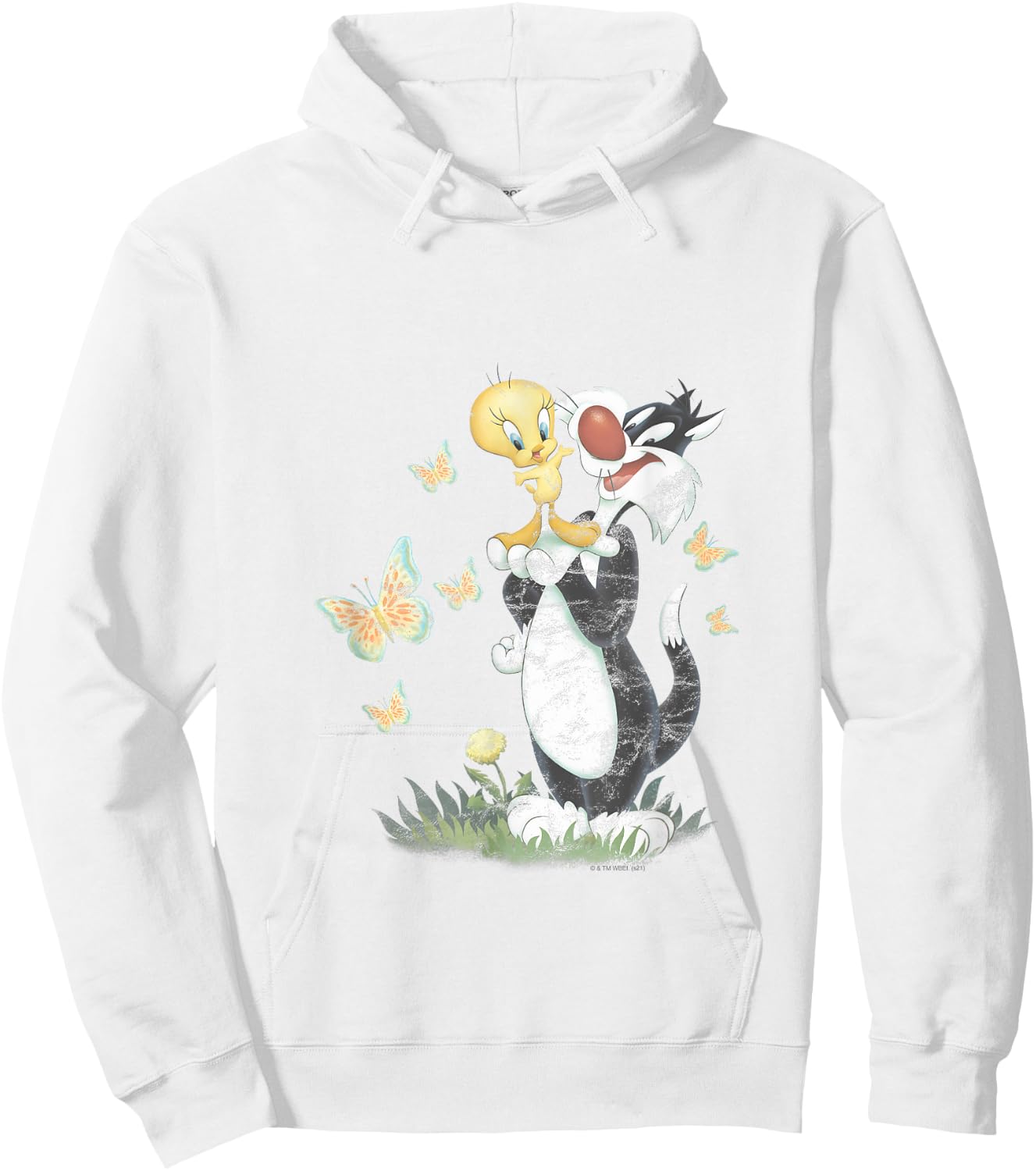 Looney Tunes Sylvester & Tweety Bird Butterfly Distressed Hoodie - Hoodie | White