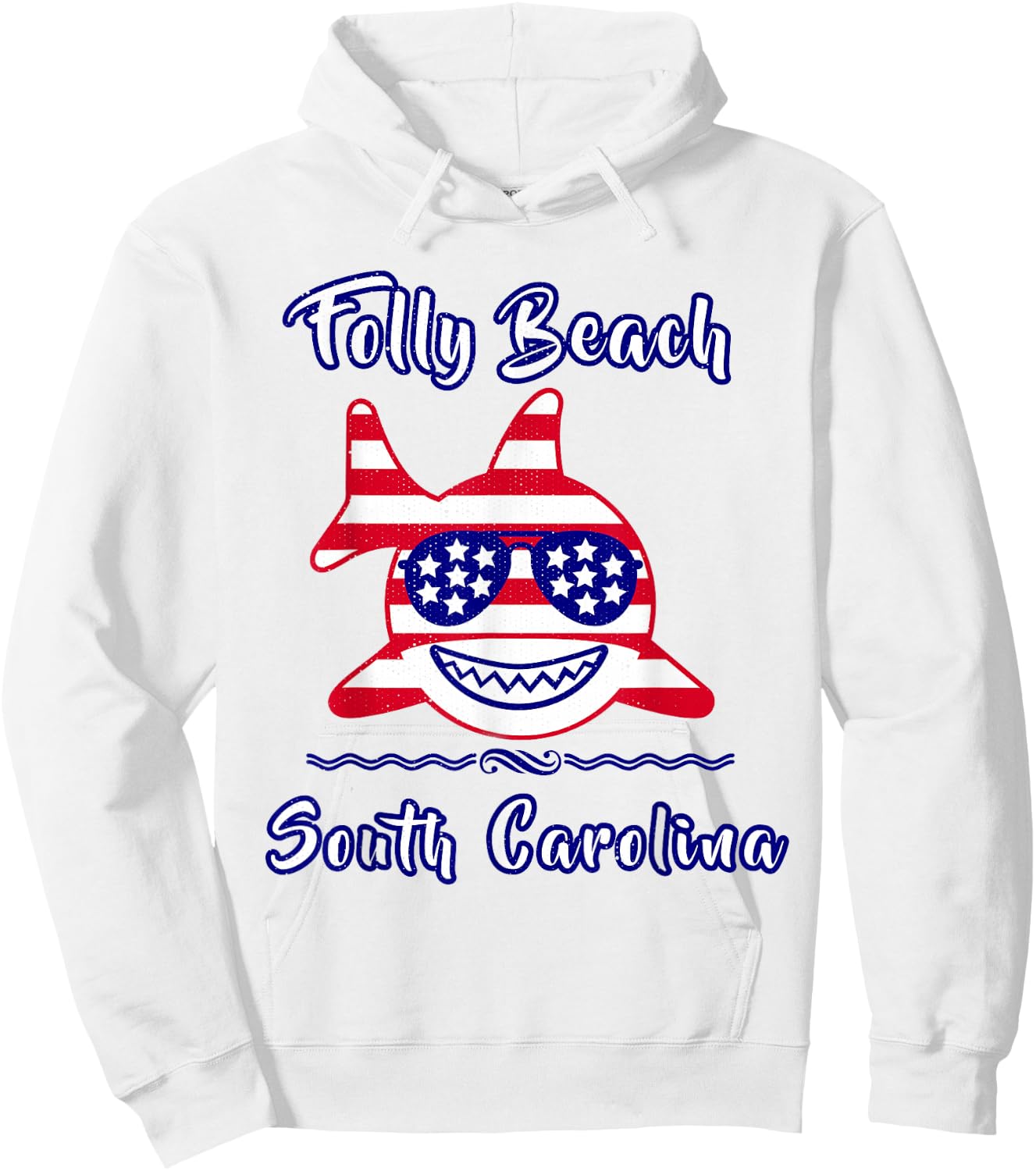 Folly Beach South Carolina Patriotic Coastal Shark Fish Hoodie - Hoodie | White