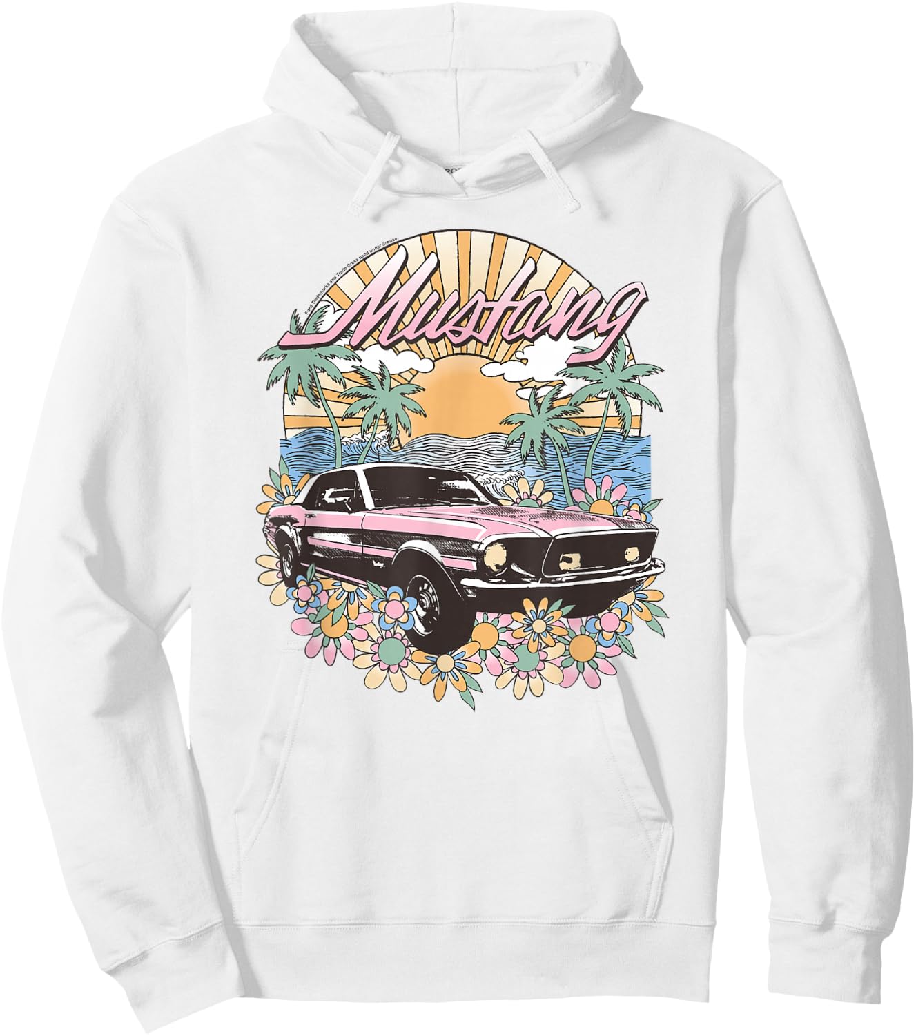 Ford – Vintage Pink Mustang Floral Beach Sunset Palm Trees , white, S Hoodie - Hoodie | White