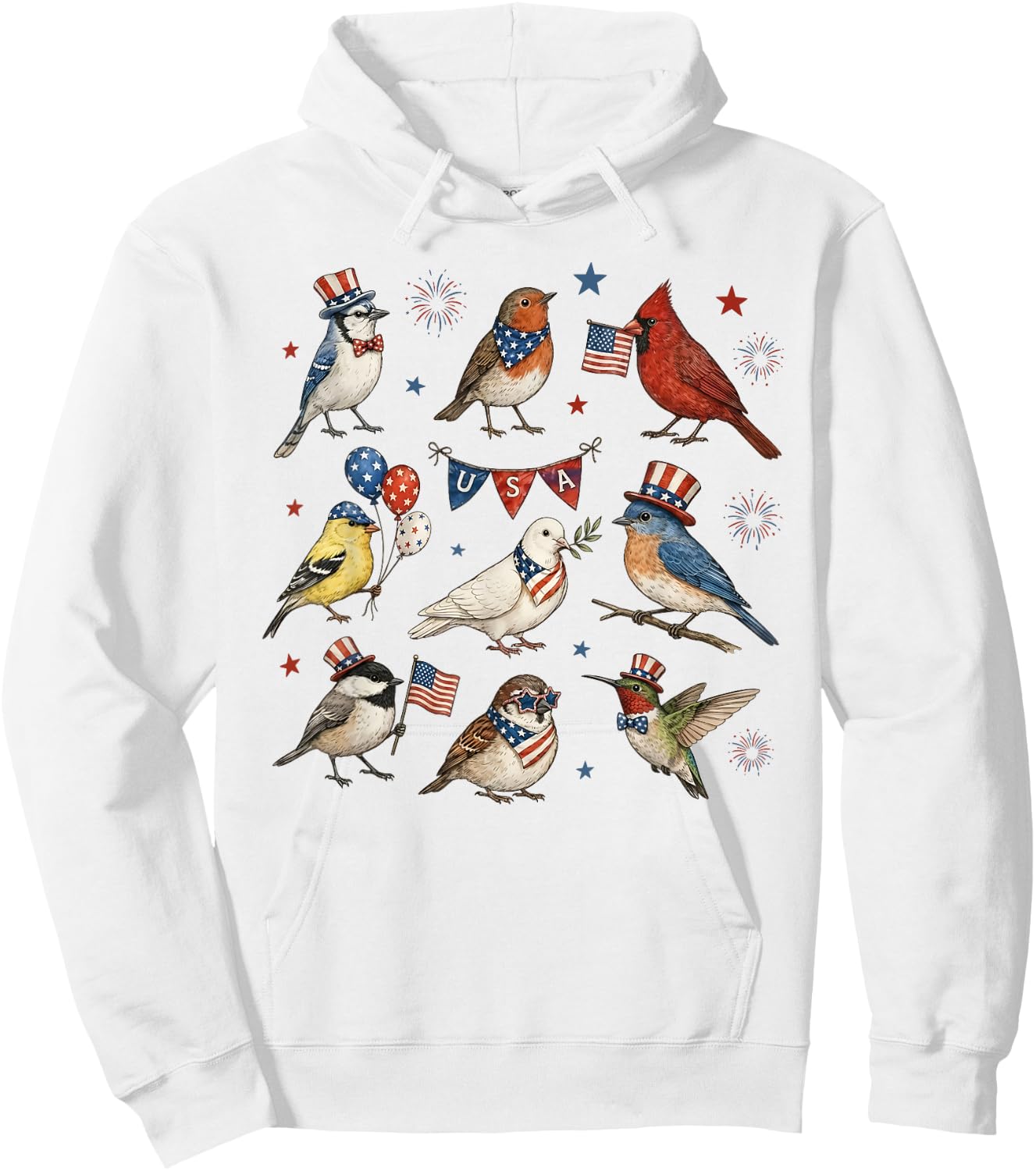Patriotic Cute Birds 4th of July Bird Lover Independence Day Hoodie - Hoodie | White