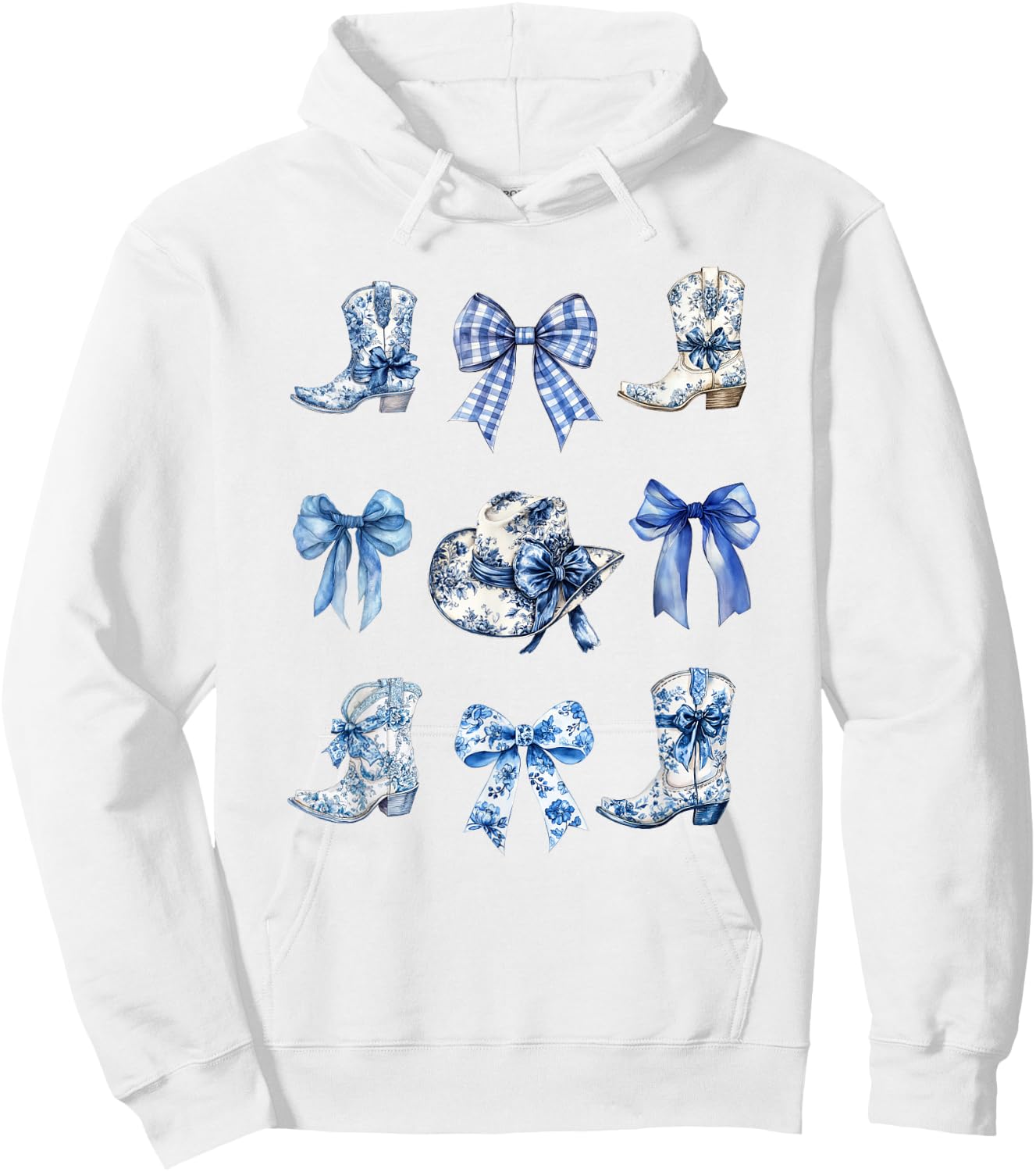 Toile Bow Shirt Blue Coquette Bow Cowboy Cowboy Hat Boots Hoodie - Hoodie | White